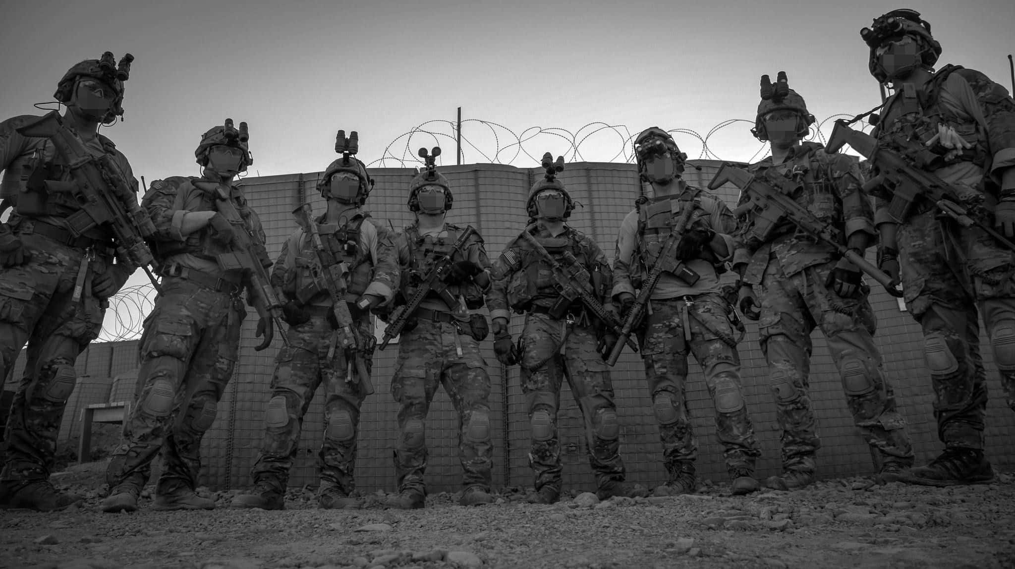 military desktop, black and white photo, seven armed soldiers, Full HD Desktop Wallpaper