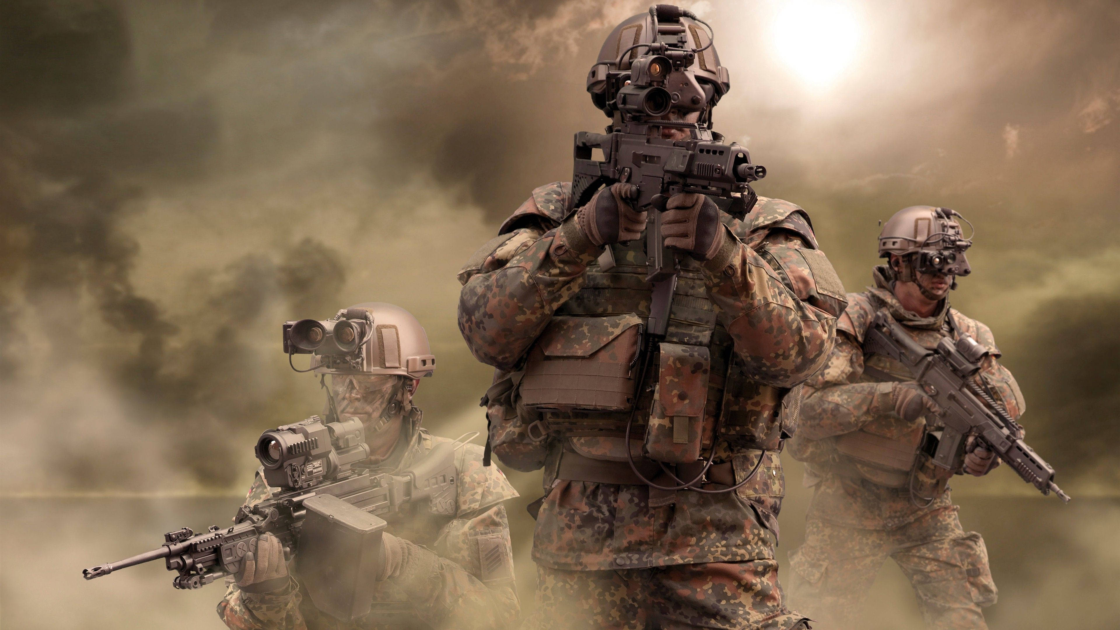 soldiers, full combat gear, smoke and haze, 4K Desktop Wallpaper