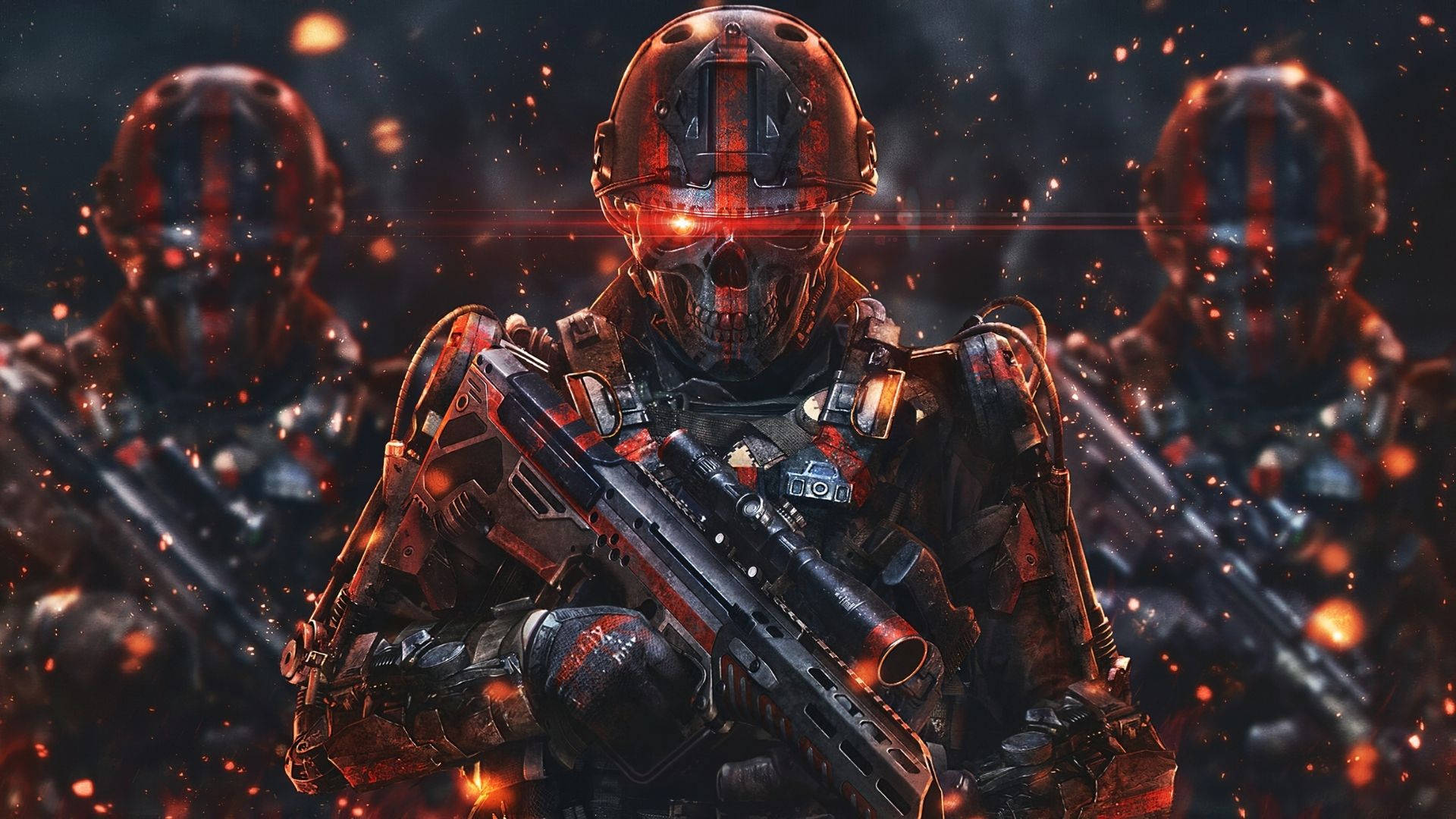 skeleton armies, futuristic armor, glowing red visor, Full HD Desktop Wallpaper