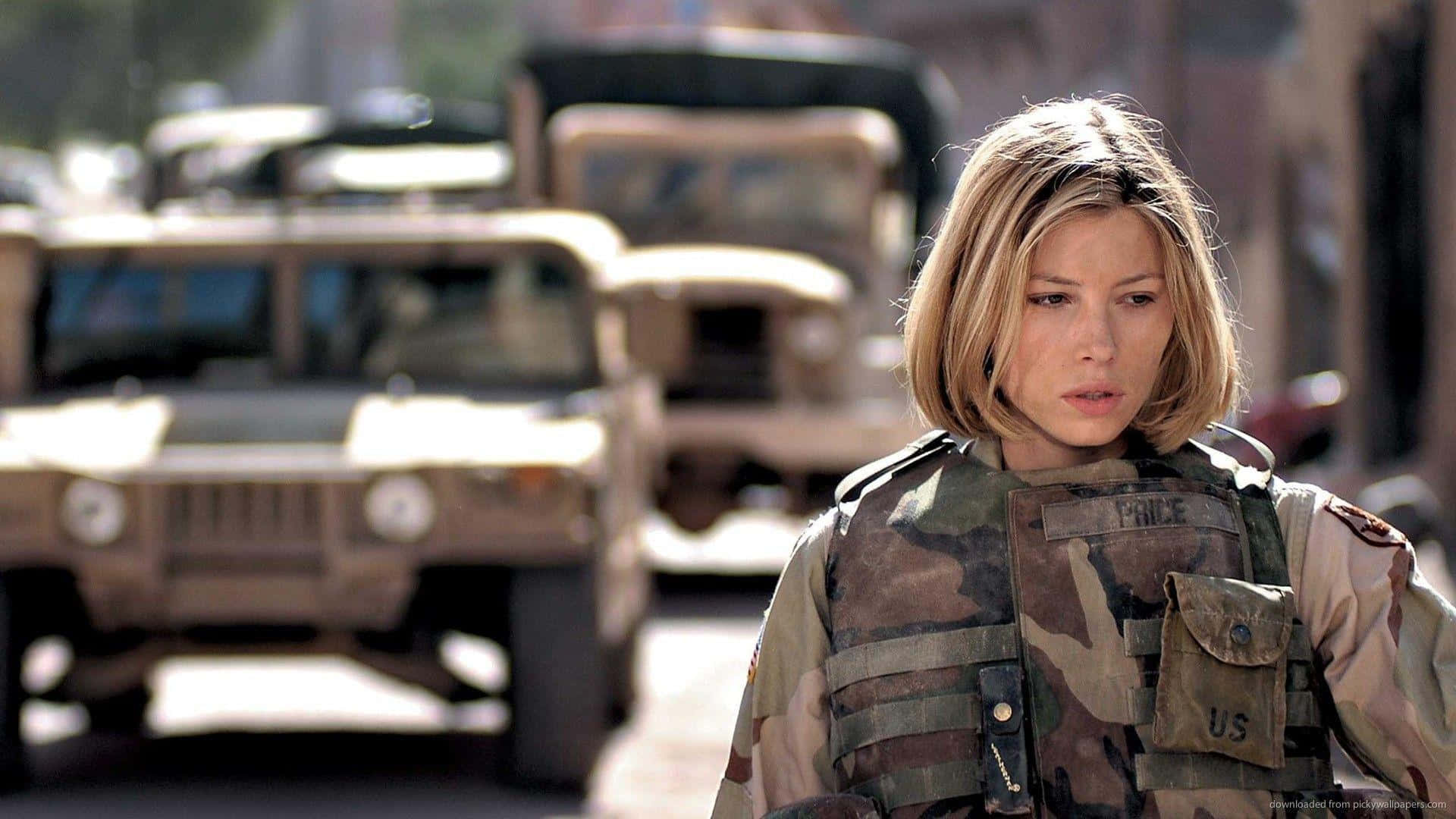 female soldier, camouflage gear, sunlit urban street, Full HD Desktop Wallpaper