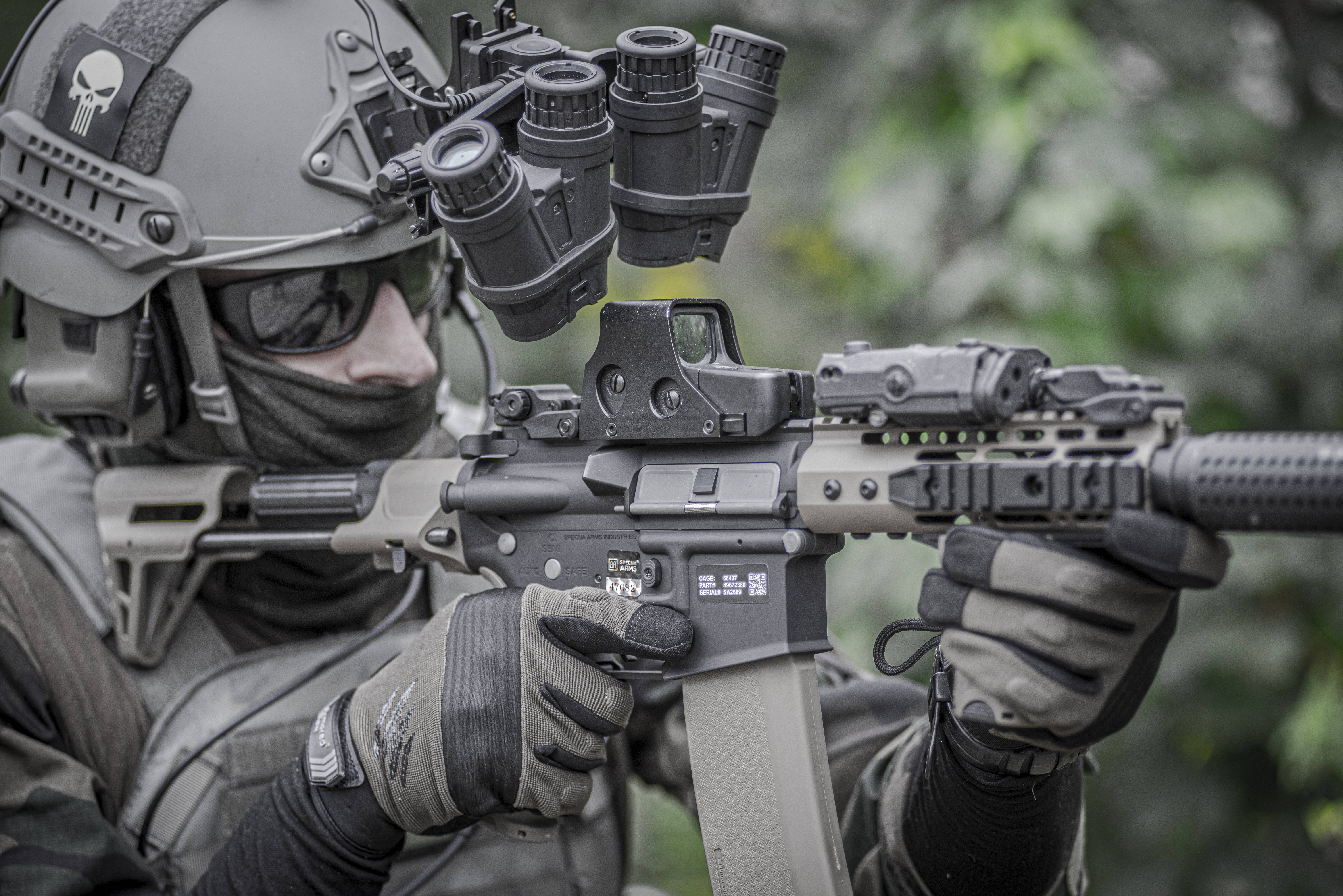 tactical gear, rifle with mounted optics, dense green foliage, 5K Desktop Wallpaper