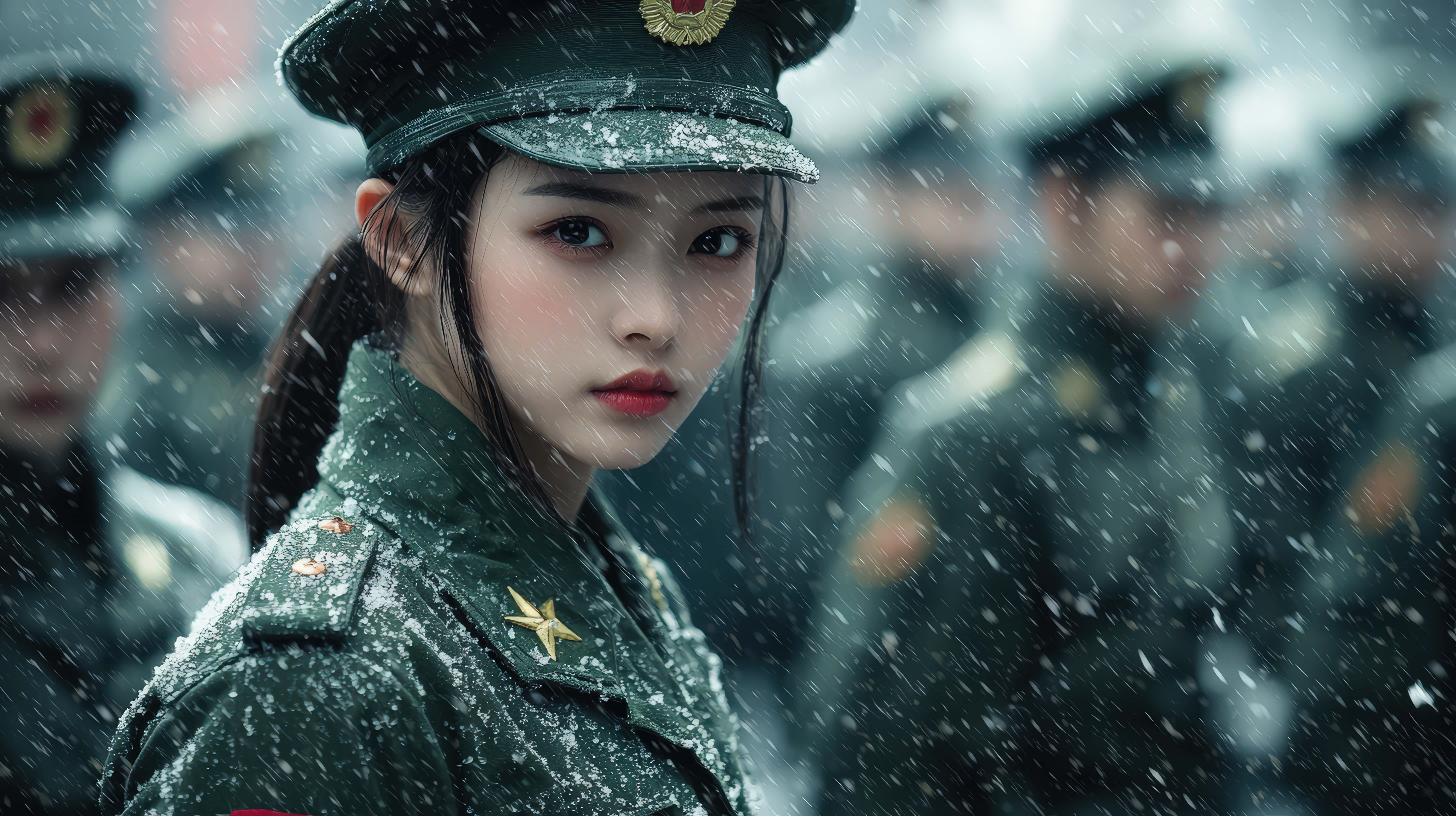 young female soldier, green uniform, star badge, 8K Desktop Wallpaper