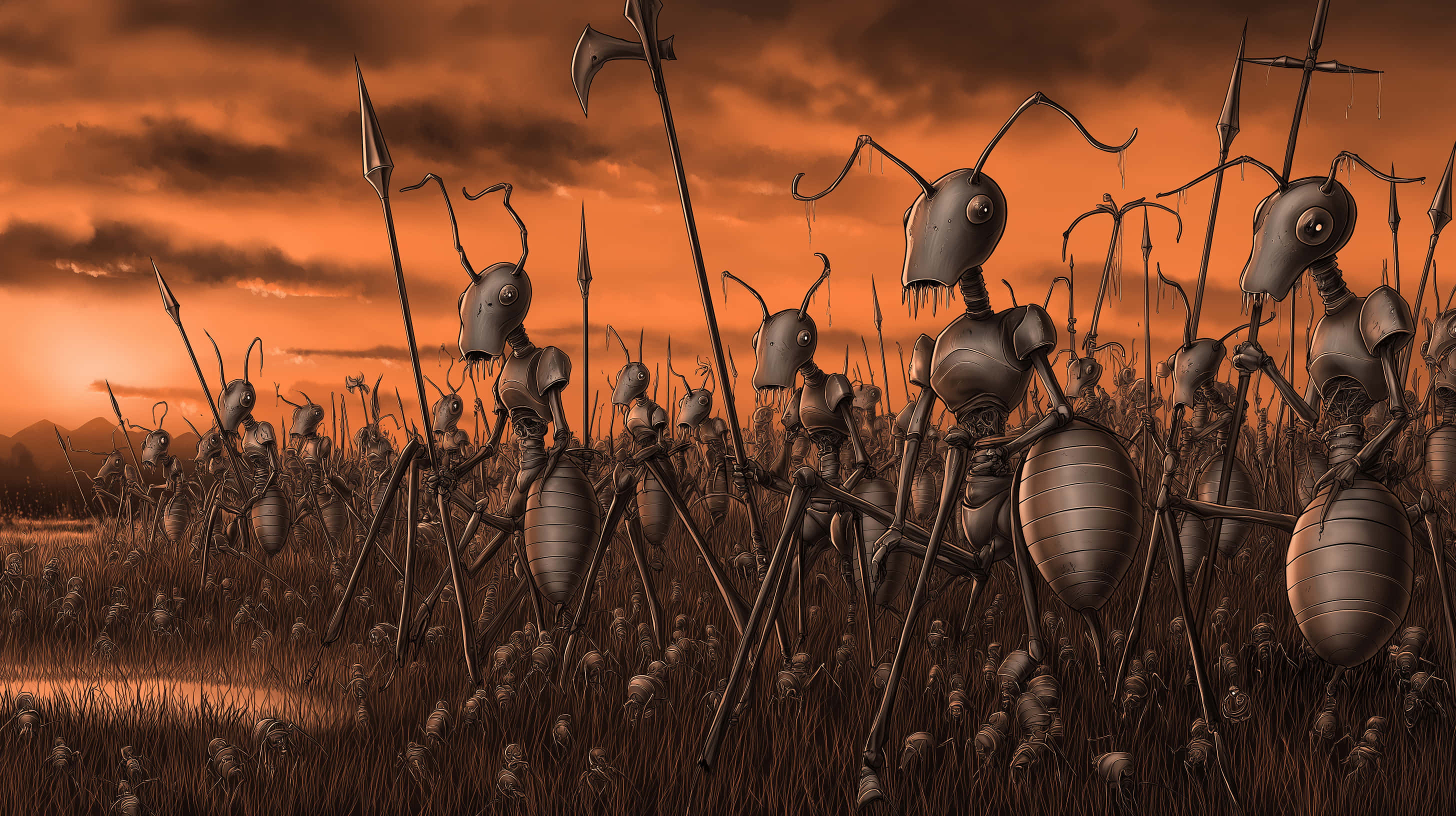 armored insectoid soldiers, metallic armored ants, fiery orange sunset sky, 2K Desktop Wallpaper