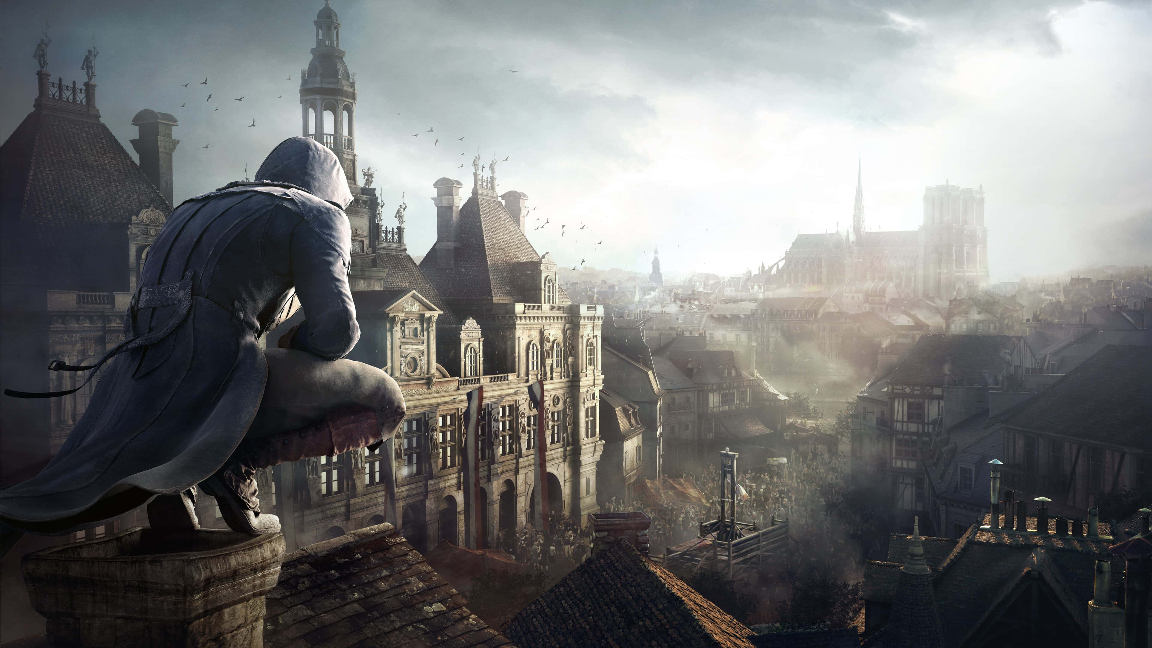 Arno Dorian, hooded assassin, rooftop, 4K Desktop Wallpaper