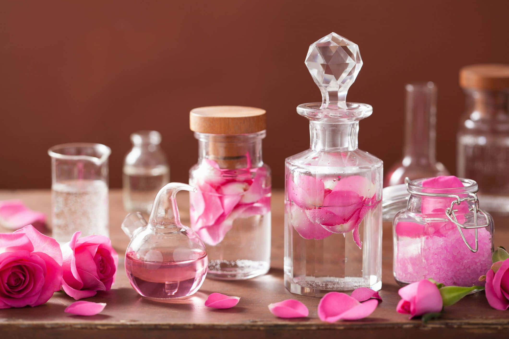 Aromatherapy, pink rose petals, glass bottles, Full HD Desktop Wallpaper