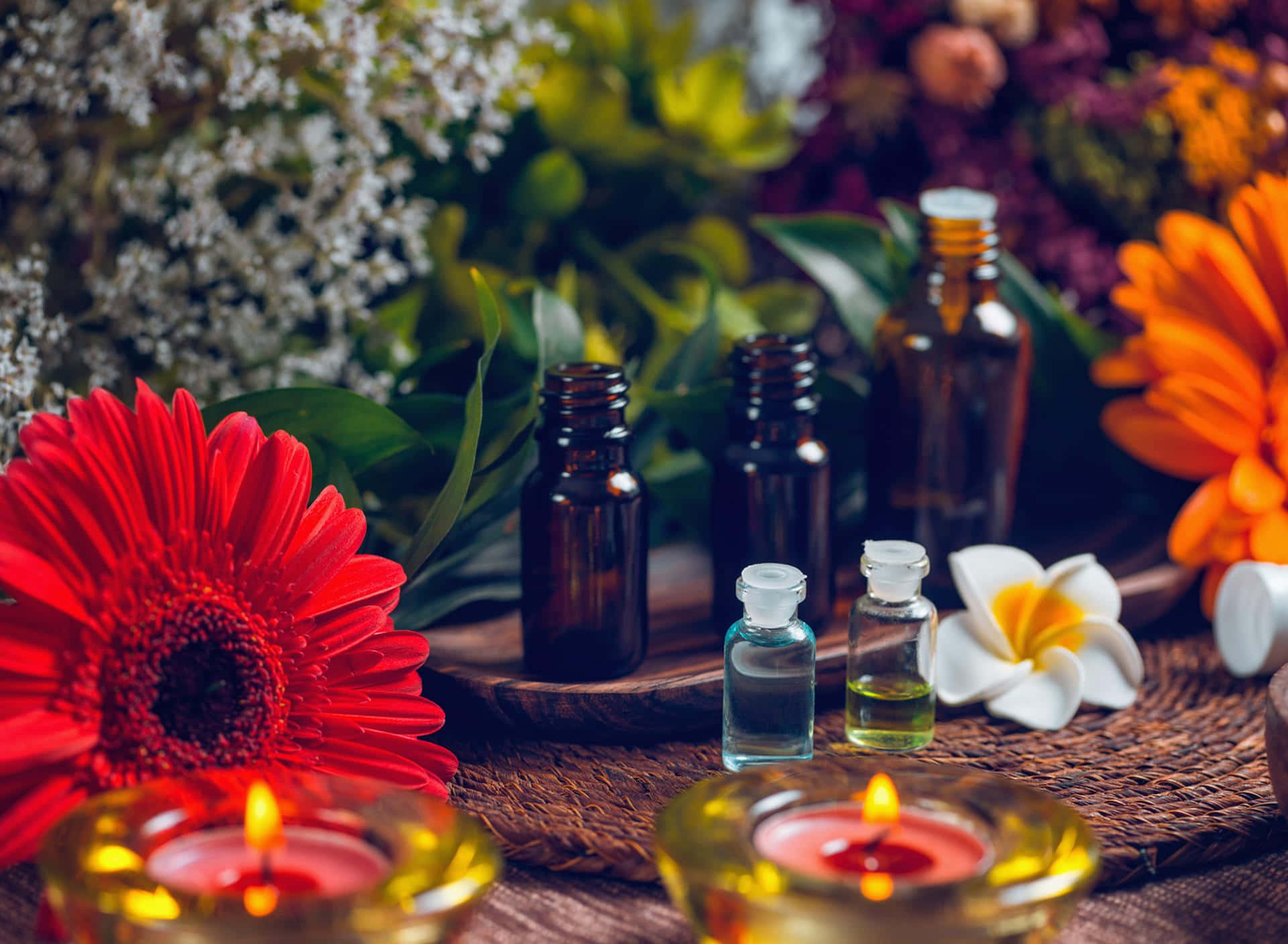 Aromatherapy, glowing candles, amber bottles, Full HD Desktop Wallpaper