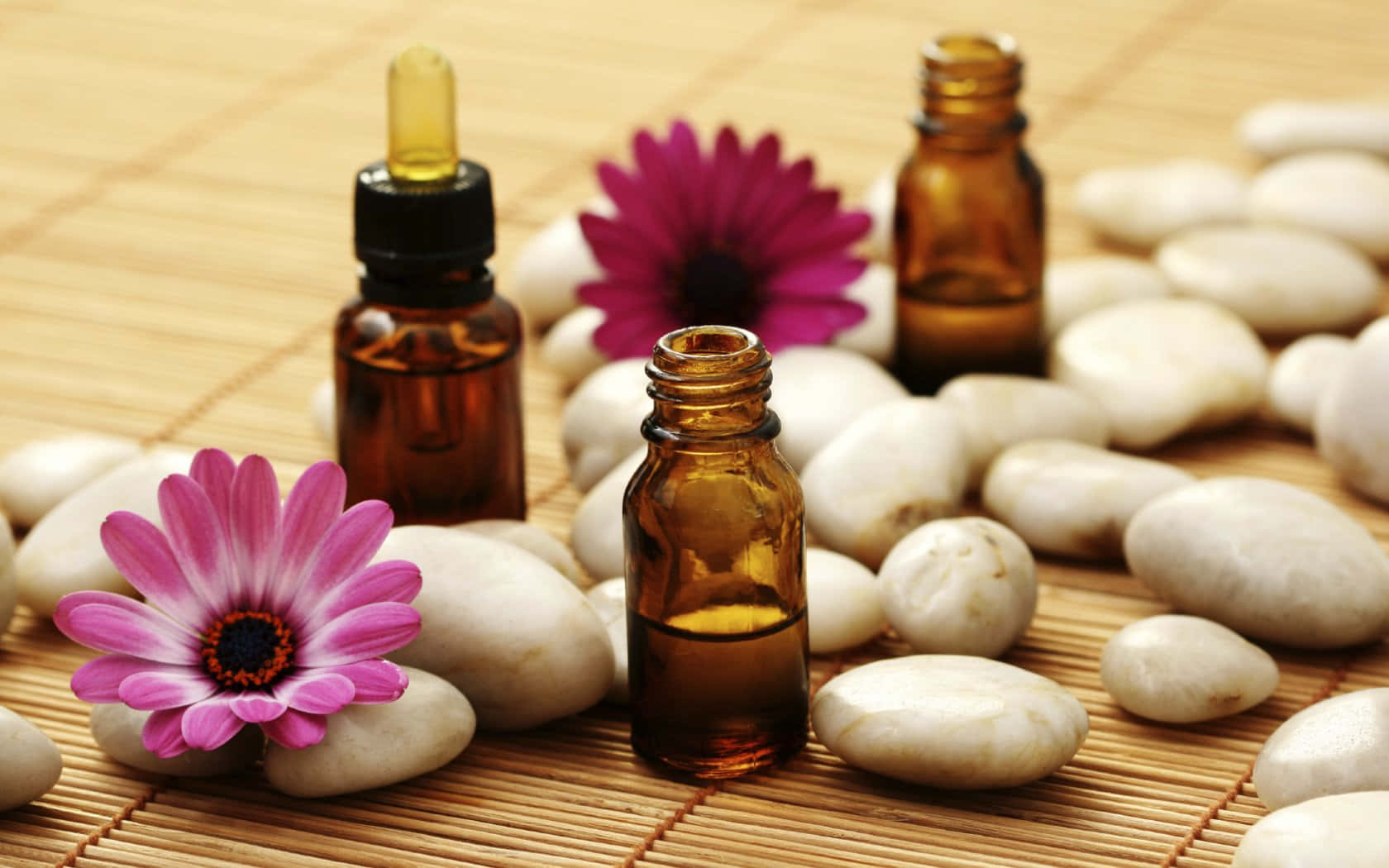 aromatherapy, amber essential oil bottles, pink flowers, HD Desktop Wallpaper