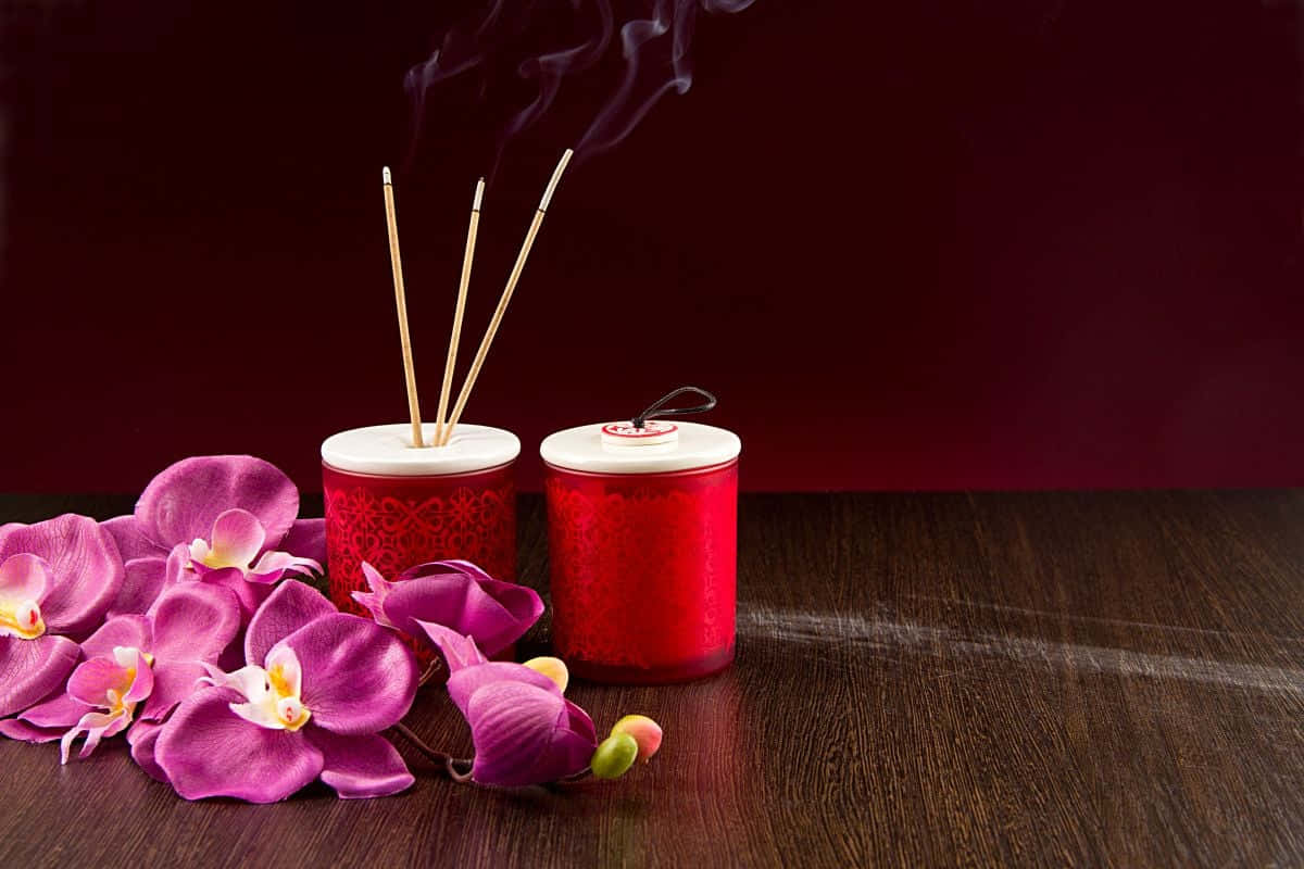 aromatherapy, pink orchids, smoking incense sticks, SD Desktop Wallpaper