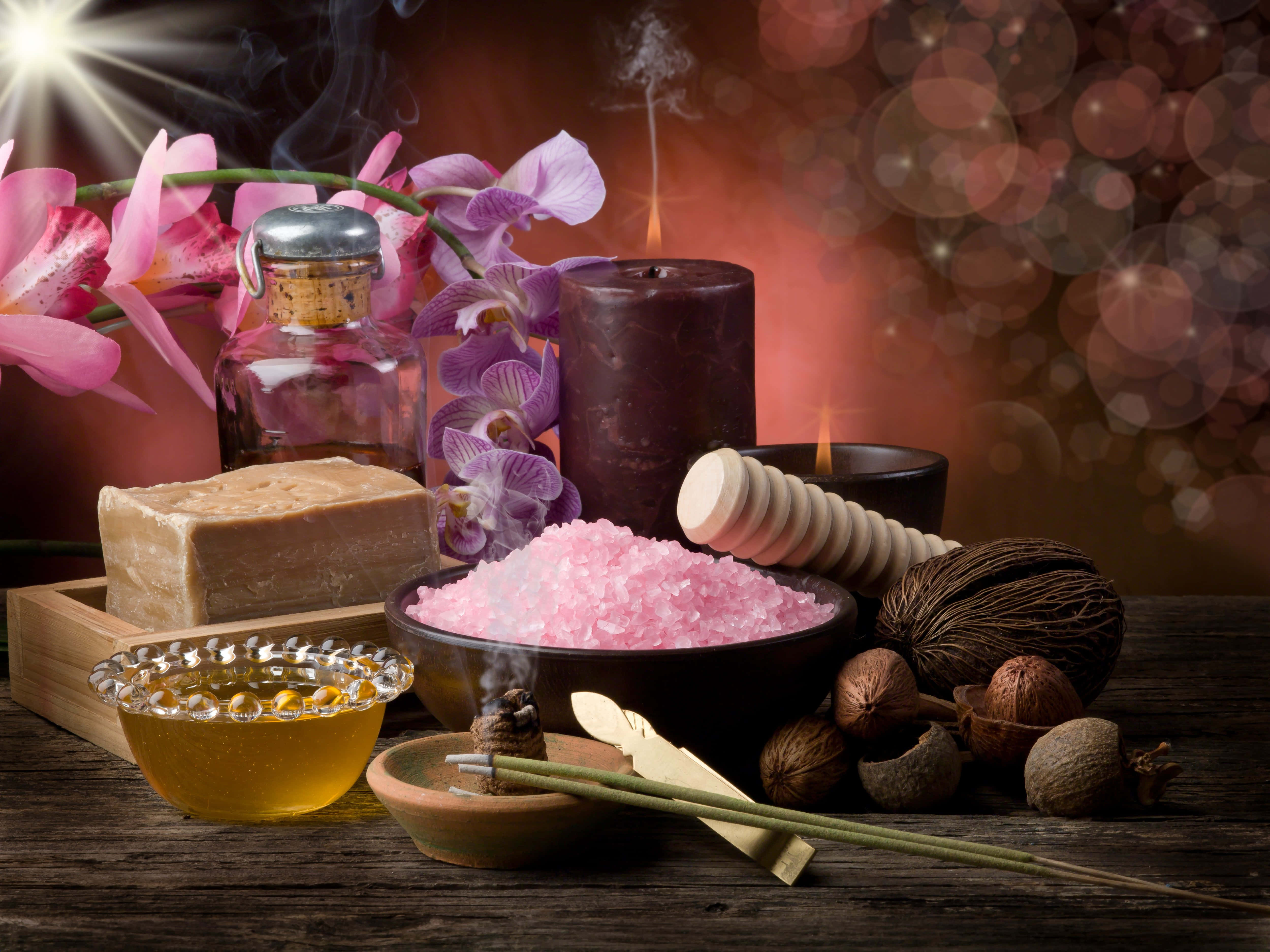 Aromatherapy, rustic wooden table, pink salt, 4K Desktop Wallpaper