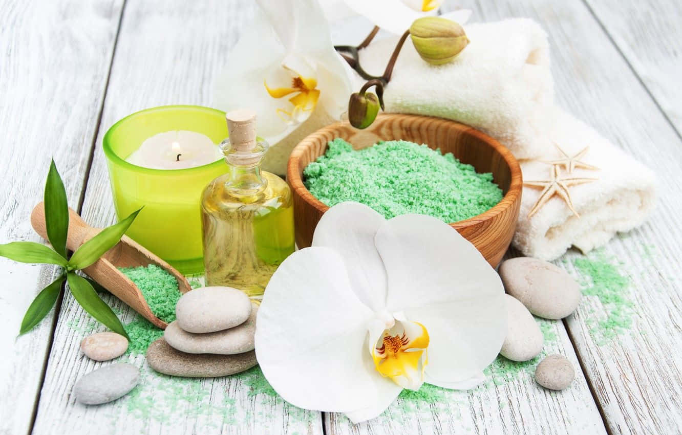 Aromatherapy, white orchids, green salt stones, HD Desktop Wallpaper
