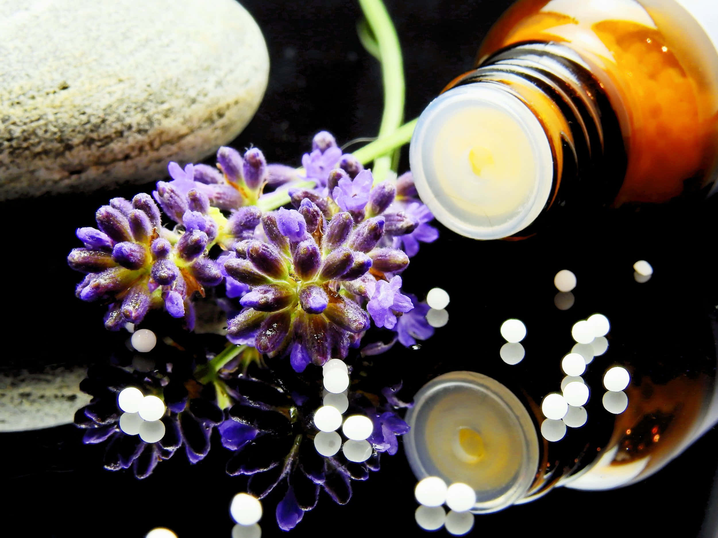 Aromatherapy, vibrant purple lavender blooms, glass bottle, Full HD Desktop Wallpaper