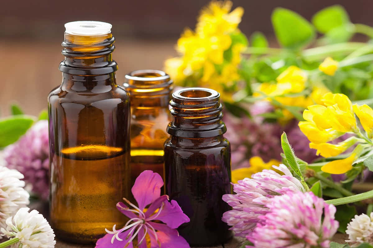 Aromatherapy, amber glass bottles, golden essential oils, SD Desktop Wallpaper