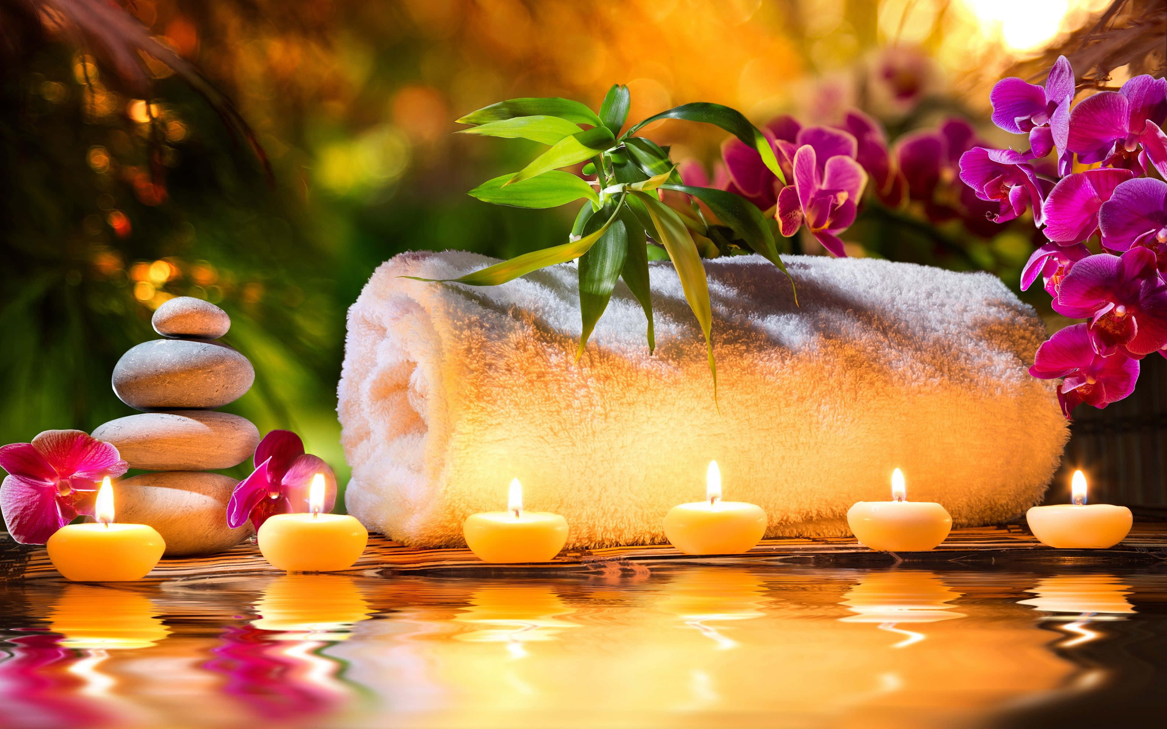 Aromatherapy, spa scene, lit candles, 4K Desktop Wallpaper