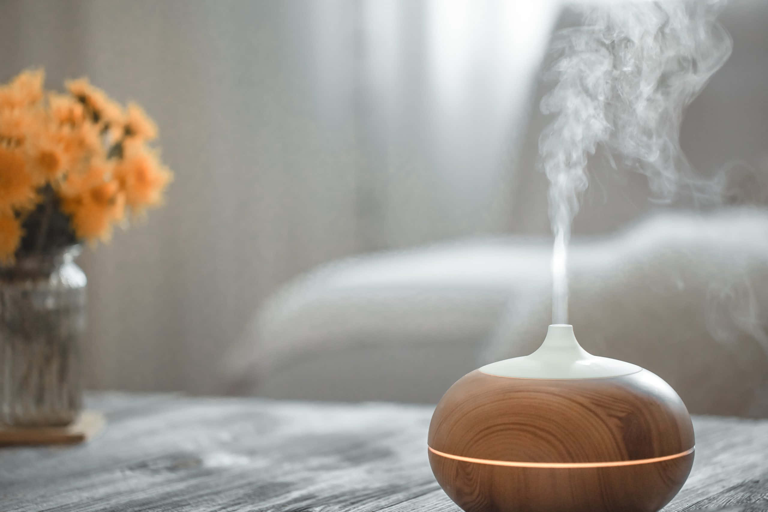 Aromatherapy, wooden aroma diffuser, rustic table, 2K Desktop Wallpaper