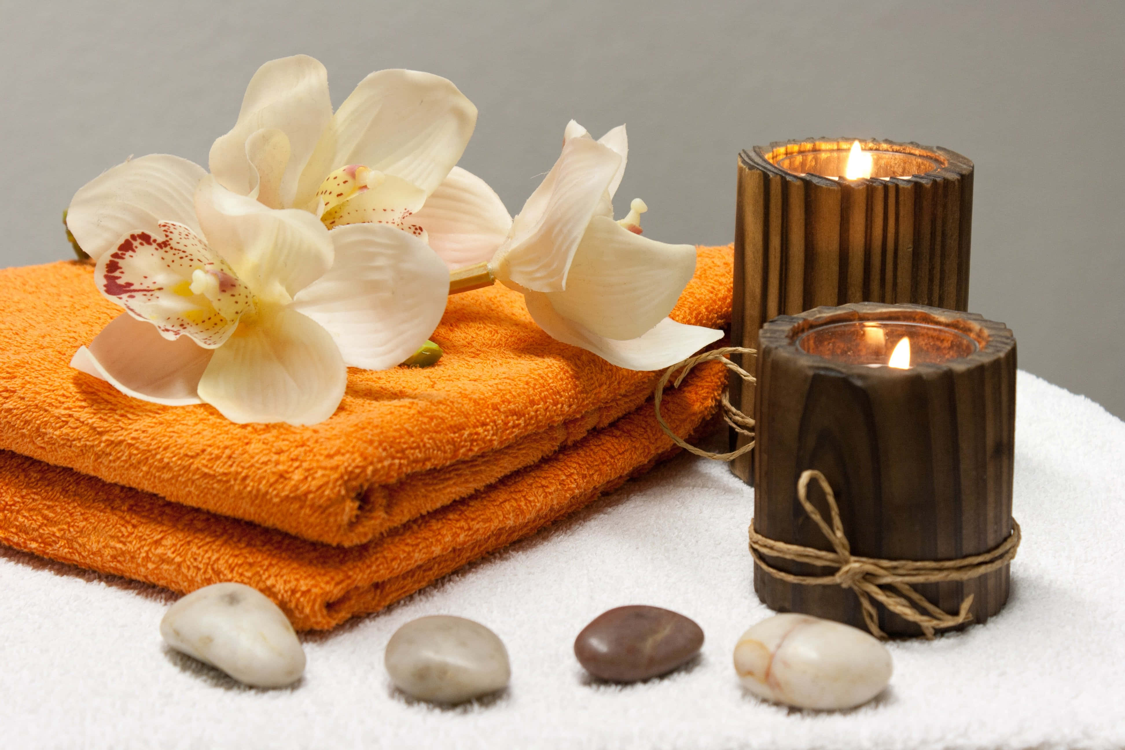 Aromatherapy, orange towels, white orchids, 4K Desktop Wallpaper