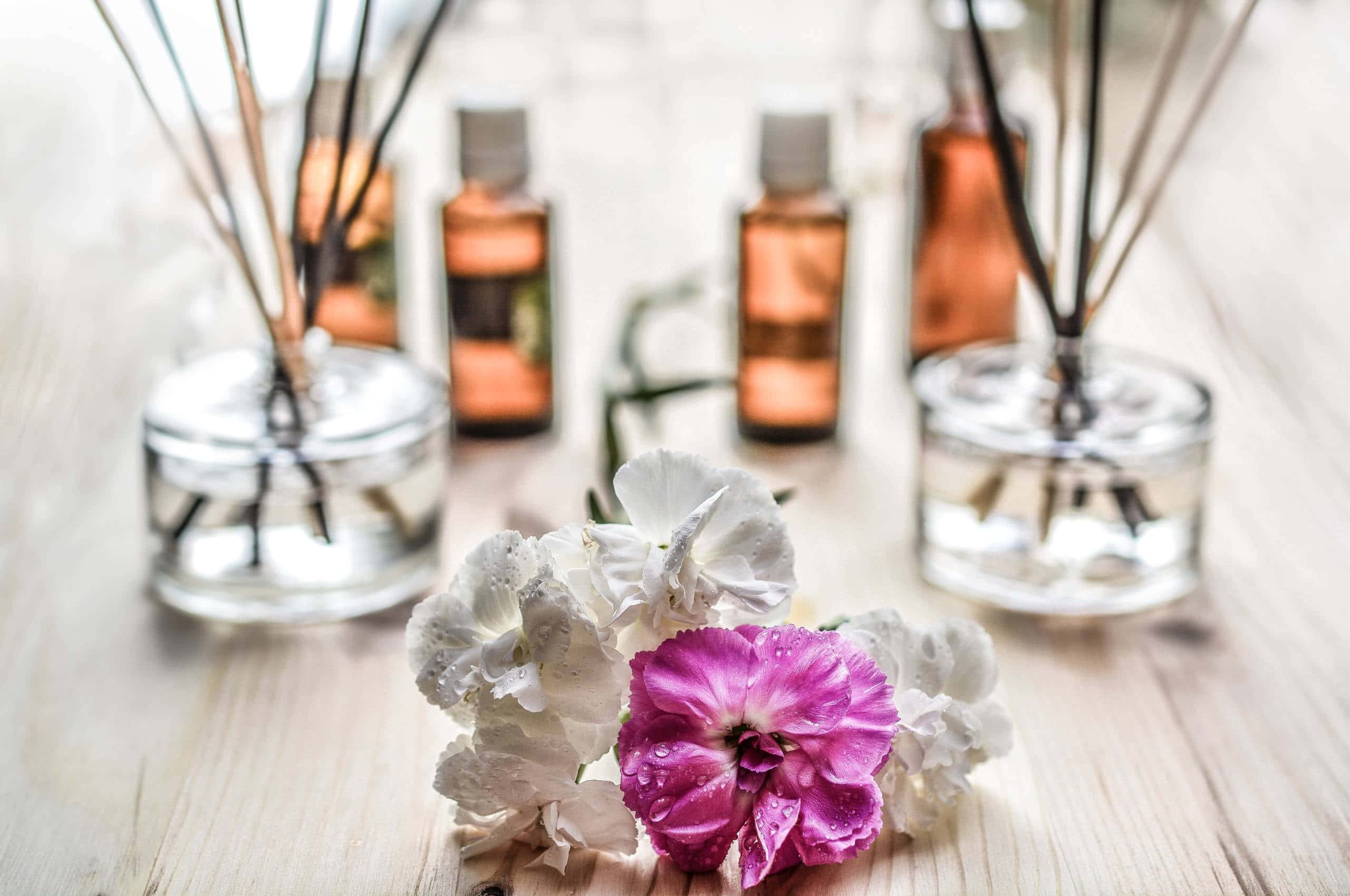 Aromatherapy, white and pink flowers, glass reed diffusers, 2K Desktop Wallpaper
