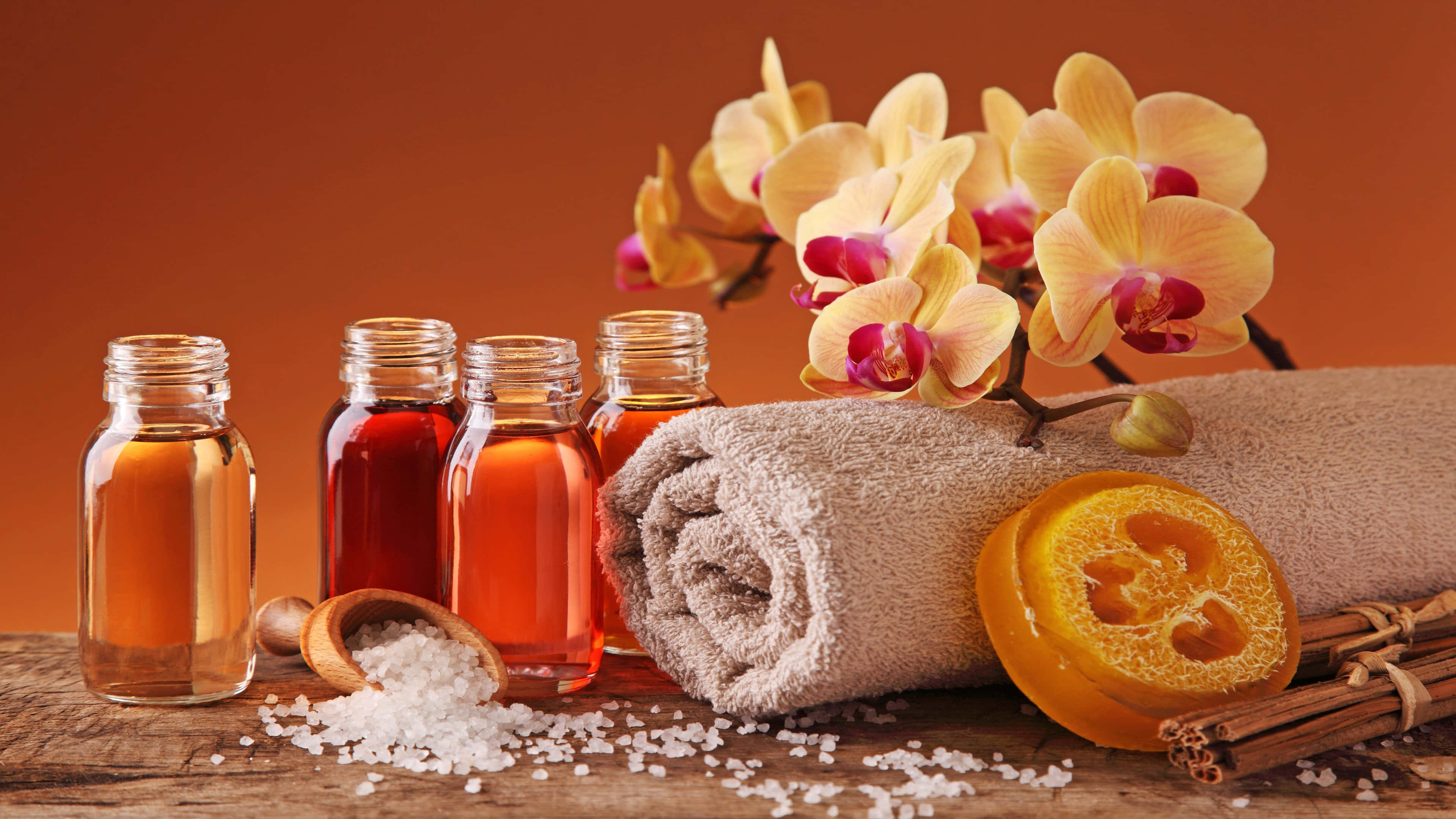rustic wooden table, rolled towel citrus soap, cinnamon sticks, 4K Desktop Wallpaper