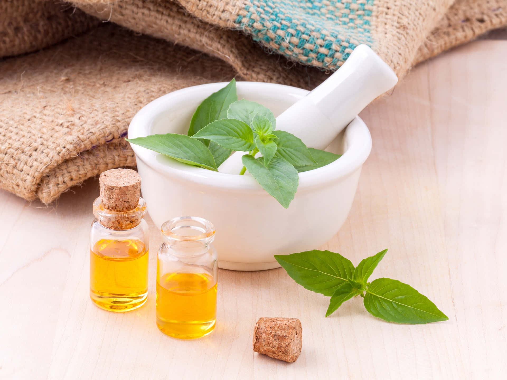 essential oil, fresh basil leaves, white mortar, Full HD Desktop Wallpaper