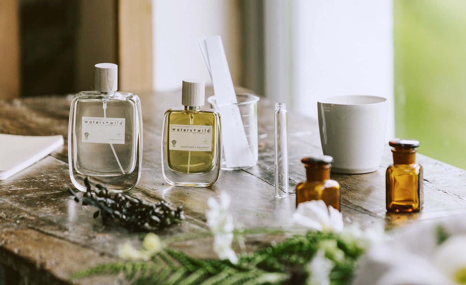 amber apothecary jars, glass perfume bottles, rustic wooden table, HD Desktop Wallpaper