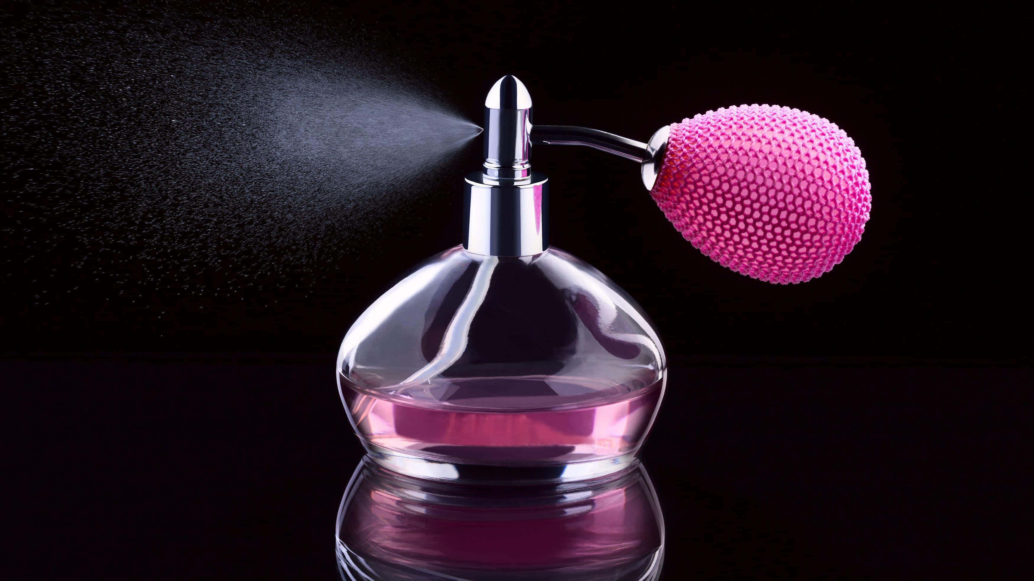 fragrance 3500 x 1969, vibrant pink textured nozzle, sleek glass perfume bottle, 2K Desktop Wallpaper