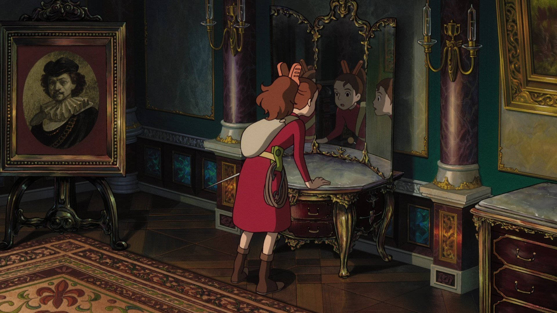 Arrietty, red dress, ornate mirror, Full HD Desktop Wallpaper