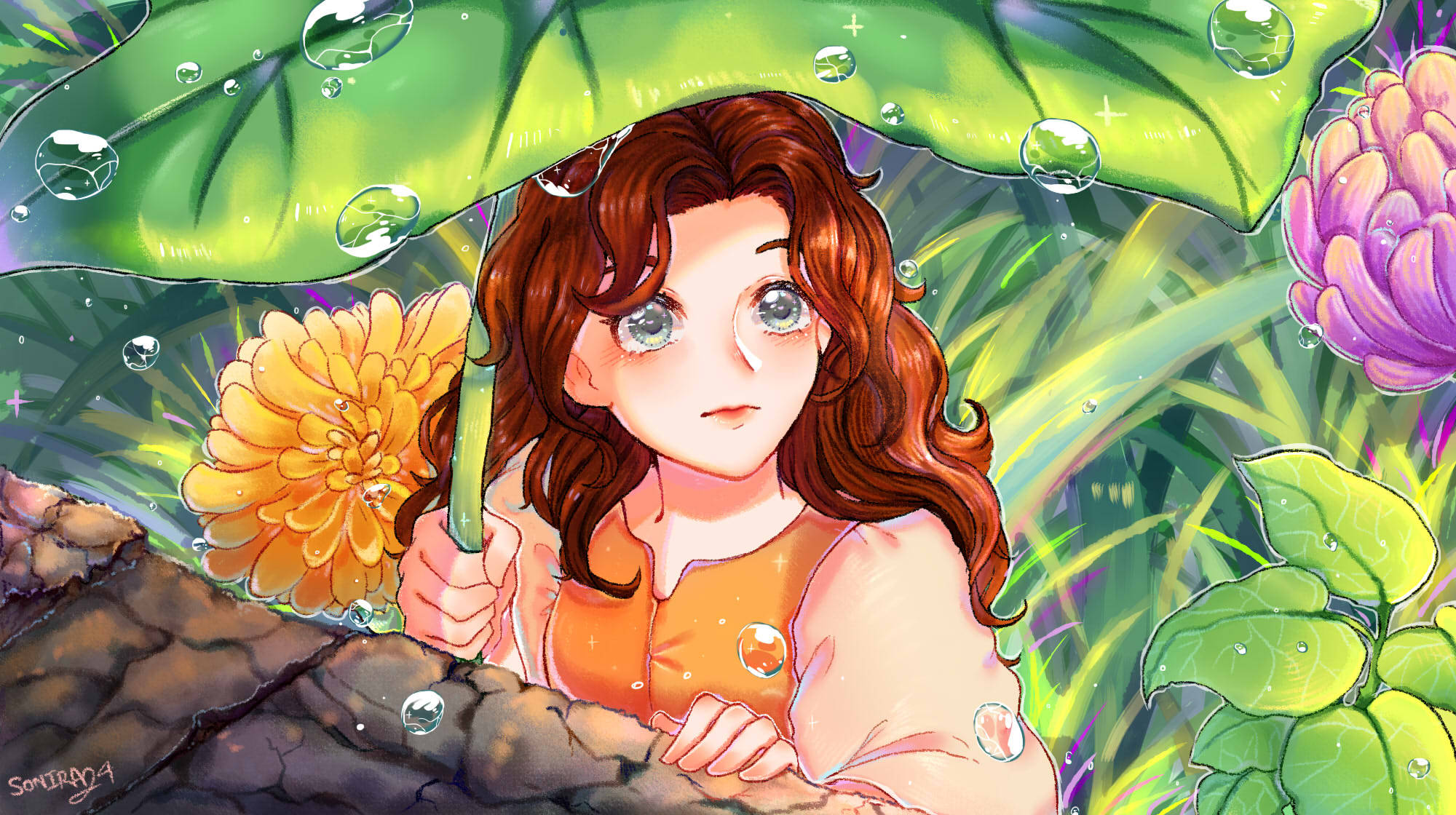 Arrietty, red hair, giant green leaf umbrella, Full HD Desktop Wallpaper