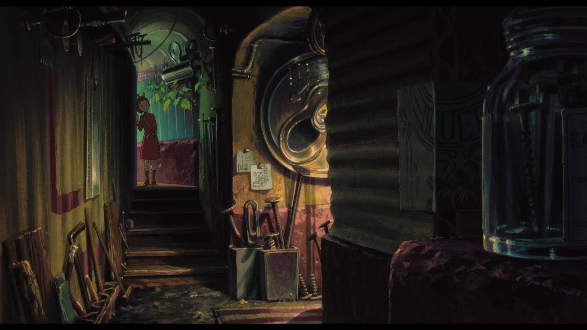 Arrietty, hallway, girl in a red dress, Full HD Desktop Wallpaper