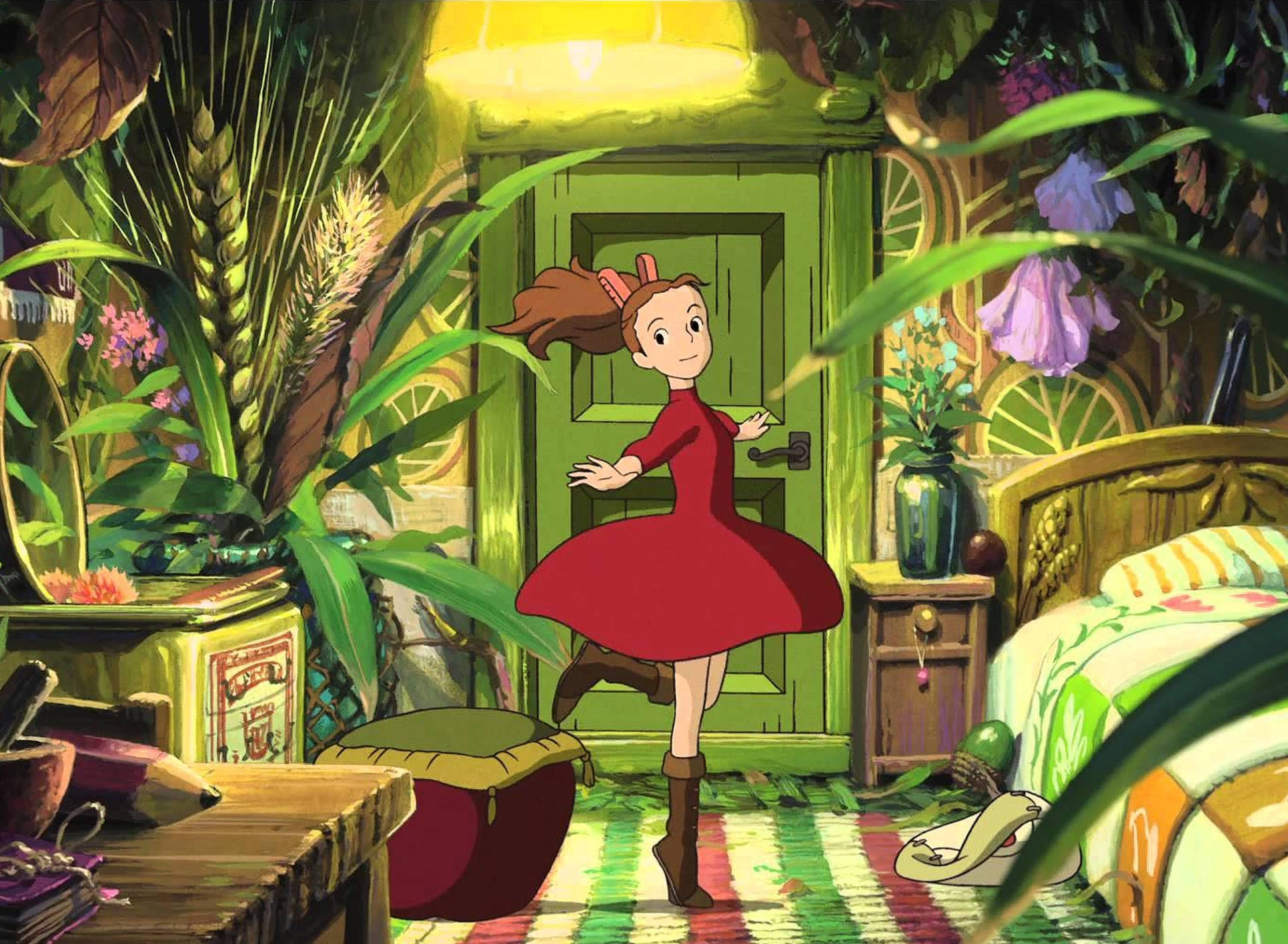 Arrietty, red dress, lush green room, Full HD Desktop Wallpaper