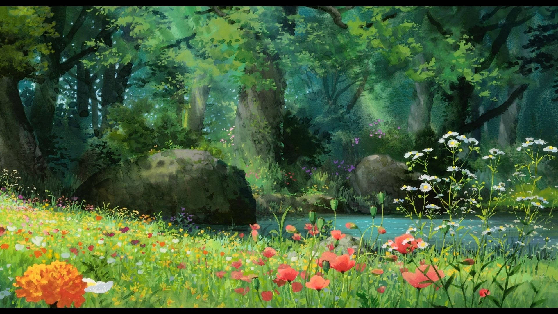 Arrietty, forest glade, wildflowers, Full HD Desktop Wallpaper