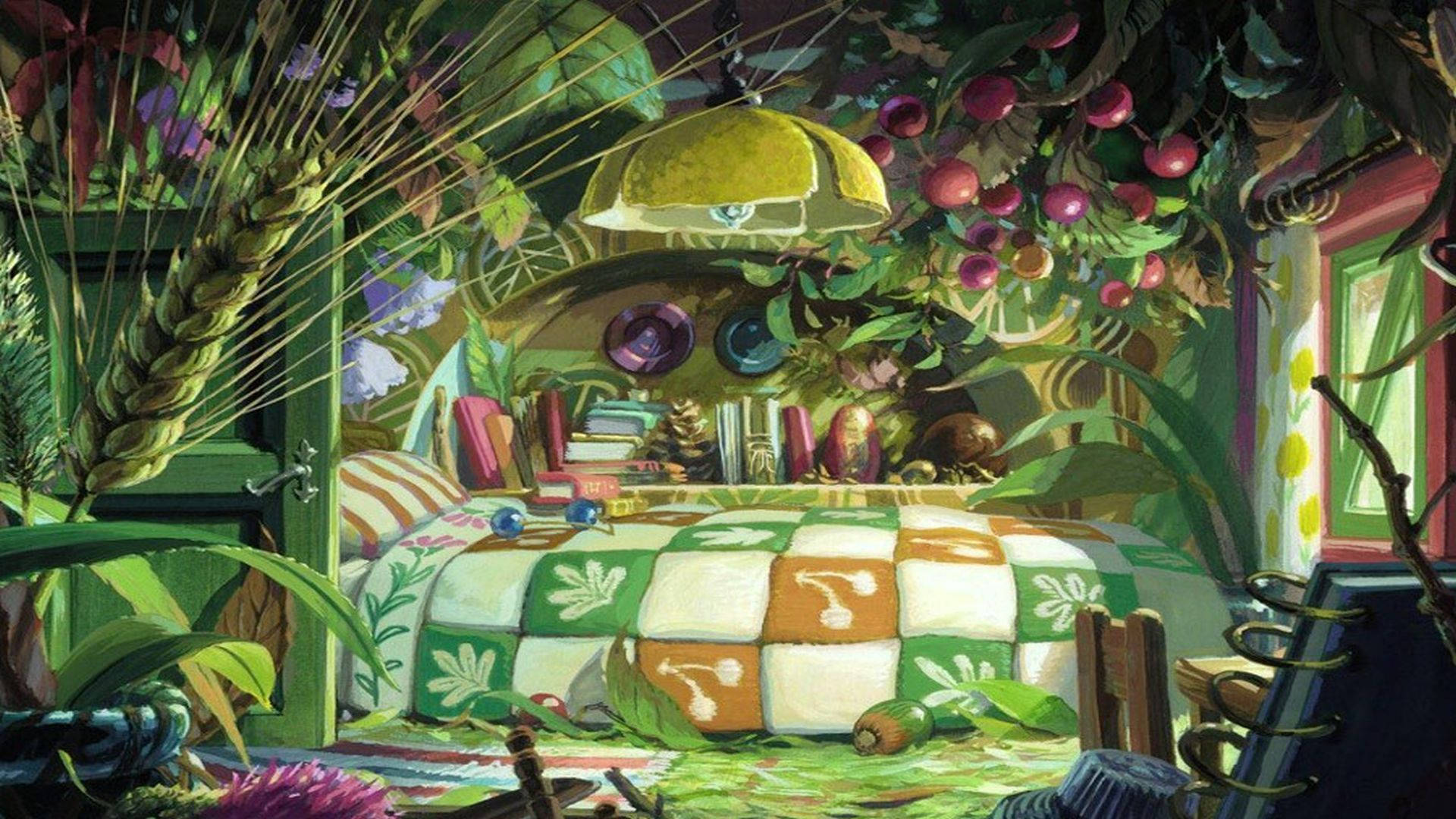 Arrietty, green room, checkered bed, Full HD Desktop Wallpaper