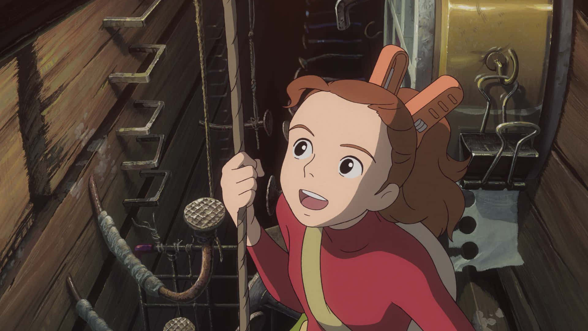 Arrietty, dim wooden ship hold, rope ladder, Full HD Desktop Wallpaper