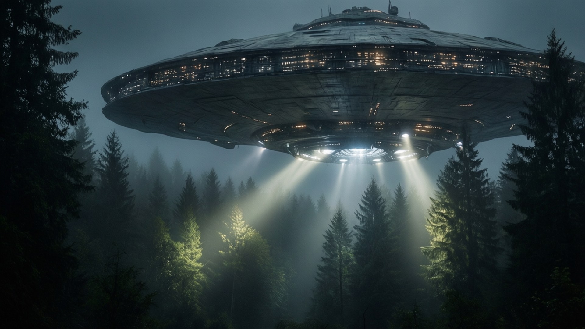 mothership, foggy forest, searchlights, Full HD Desktop Wallpaper