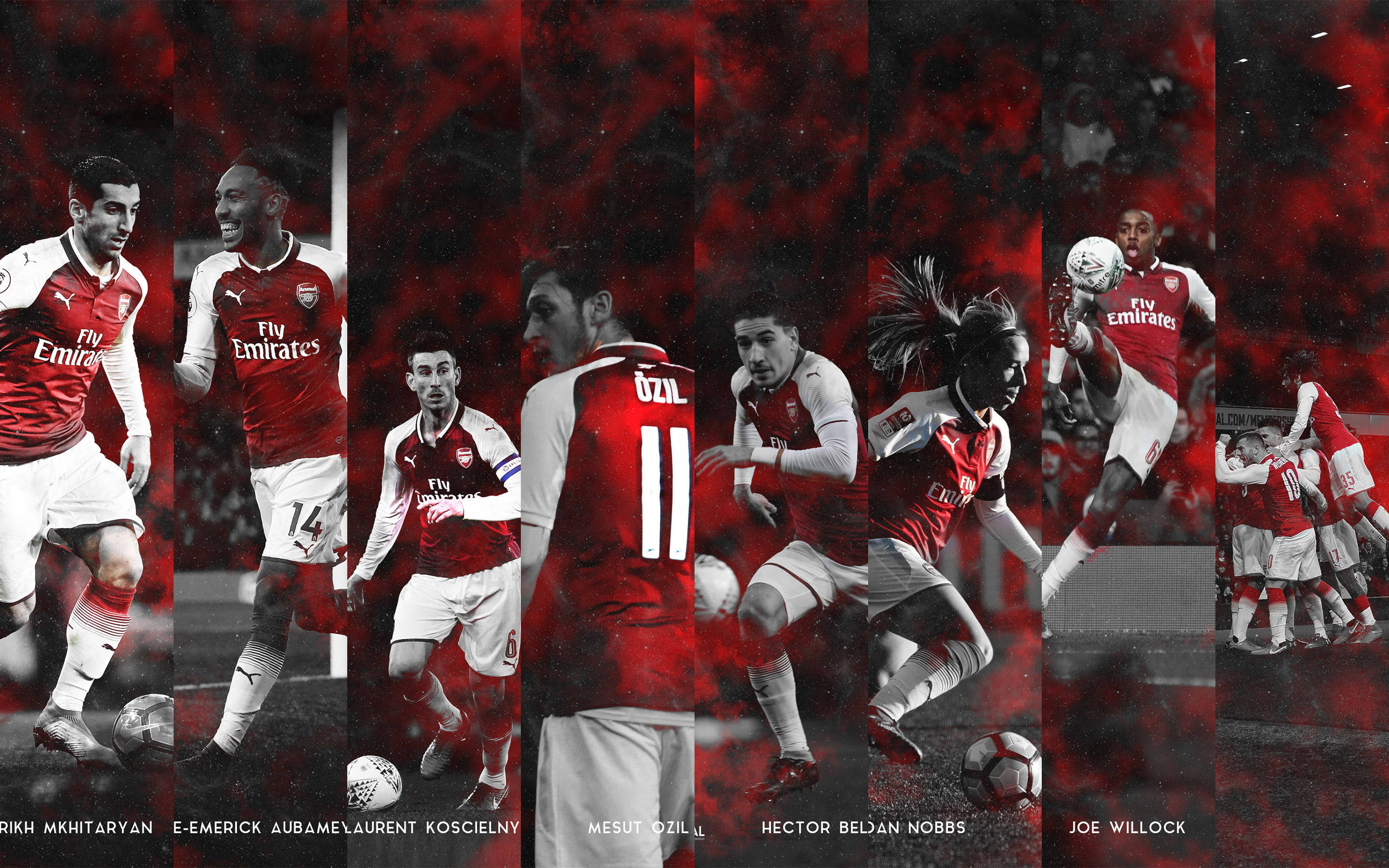 Arsenal FC, red and white kits, fiery red background, 2K Desktop Wallpaper