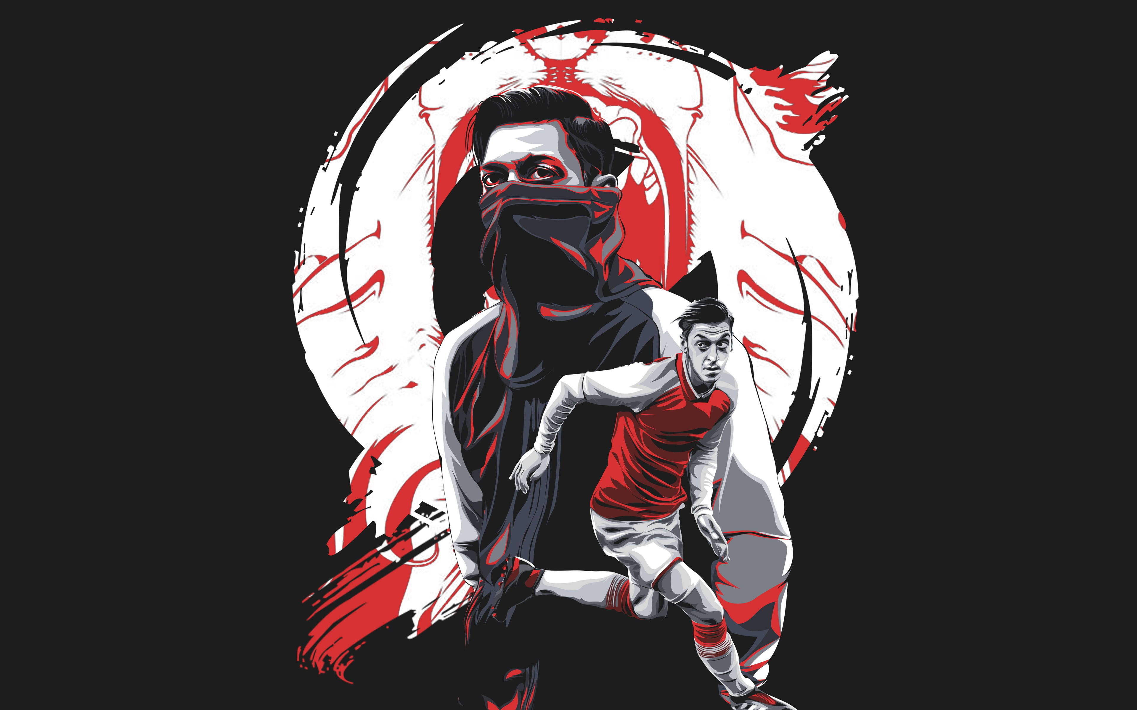 Arsenal FC, red and white jersey, masked figure, 4K Desktop Wallpaper
