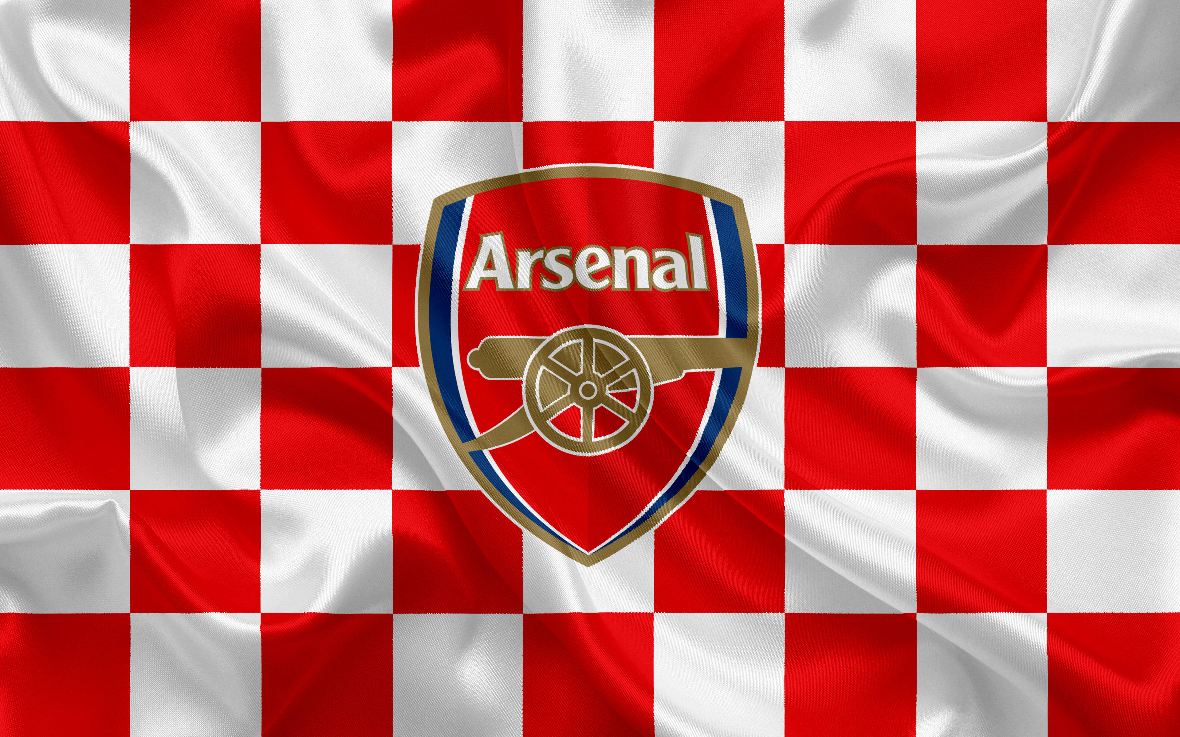 Arsenal FC, red and white checkered flag, Arsenal FC crest, 4K Desktop Wallpaper