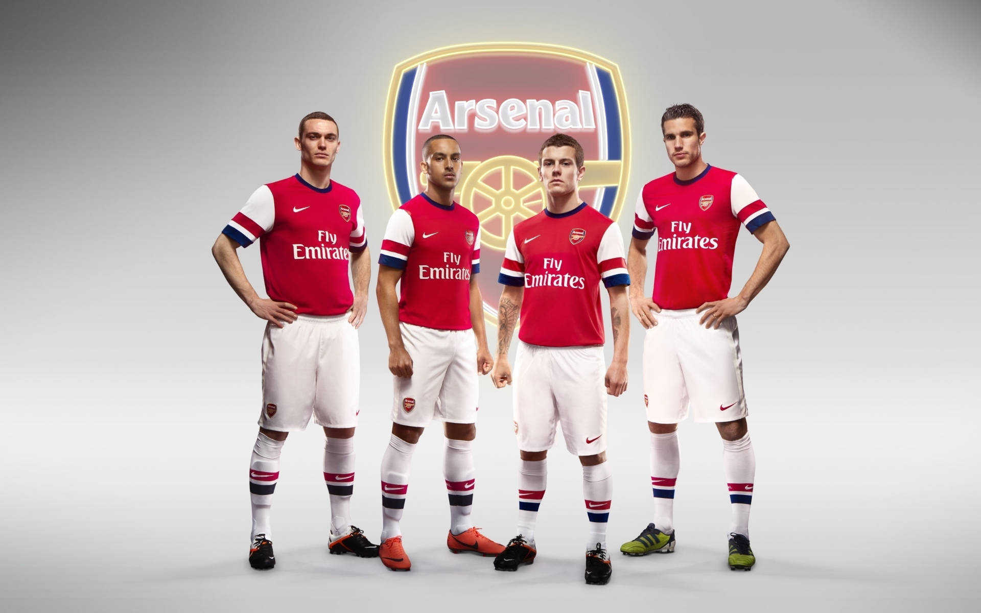 Arsenal, red and white kits, glowing team crest, Full HD Desktop Wallpaper