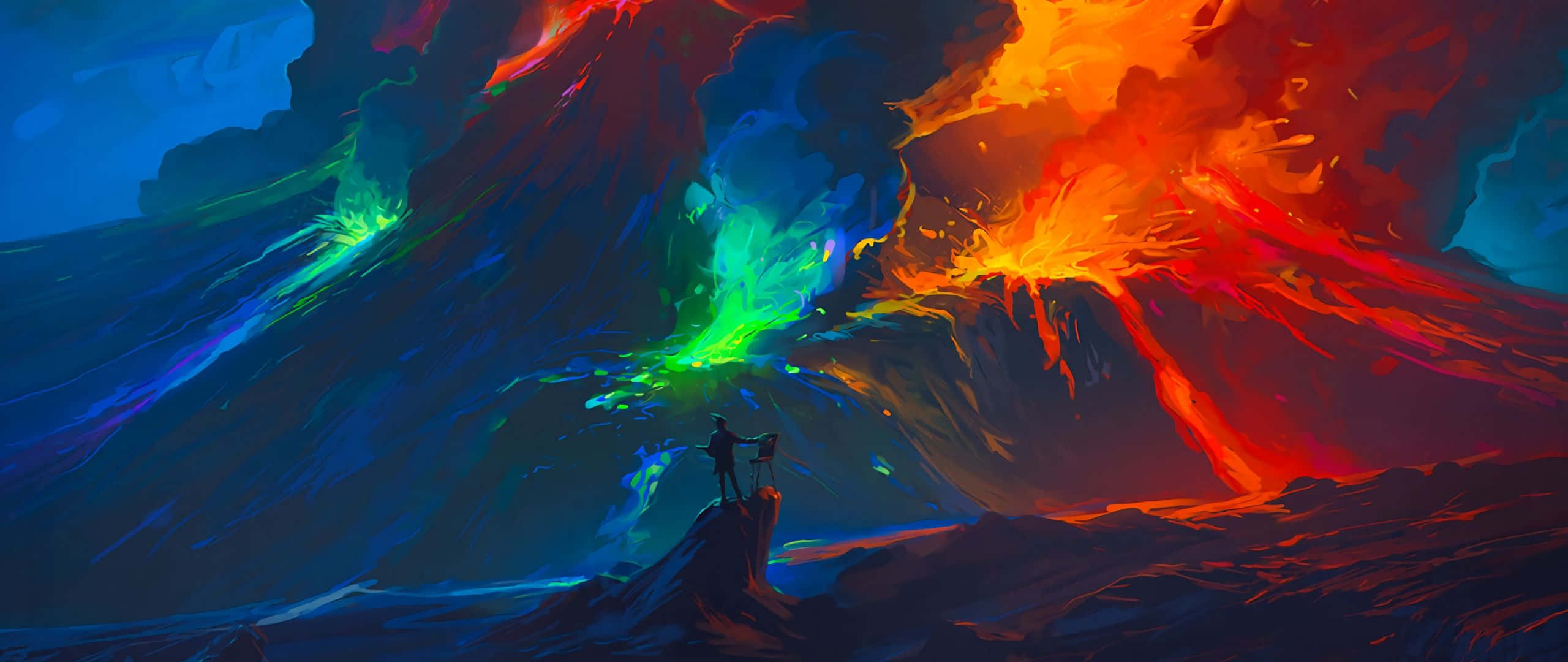 surreal art print, rocky outcrop, colossal volcano, 2K Desktop Wallpaper