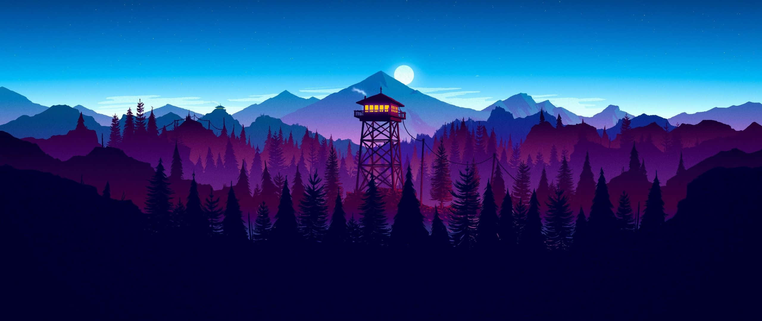 Purple Ombre Forest, fire lookout tower, pine forests, 2K Desktop Wallpaper