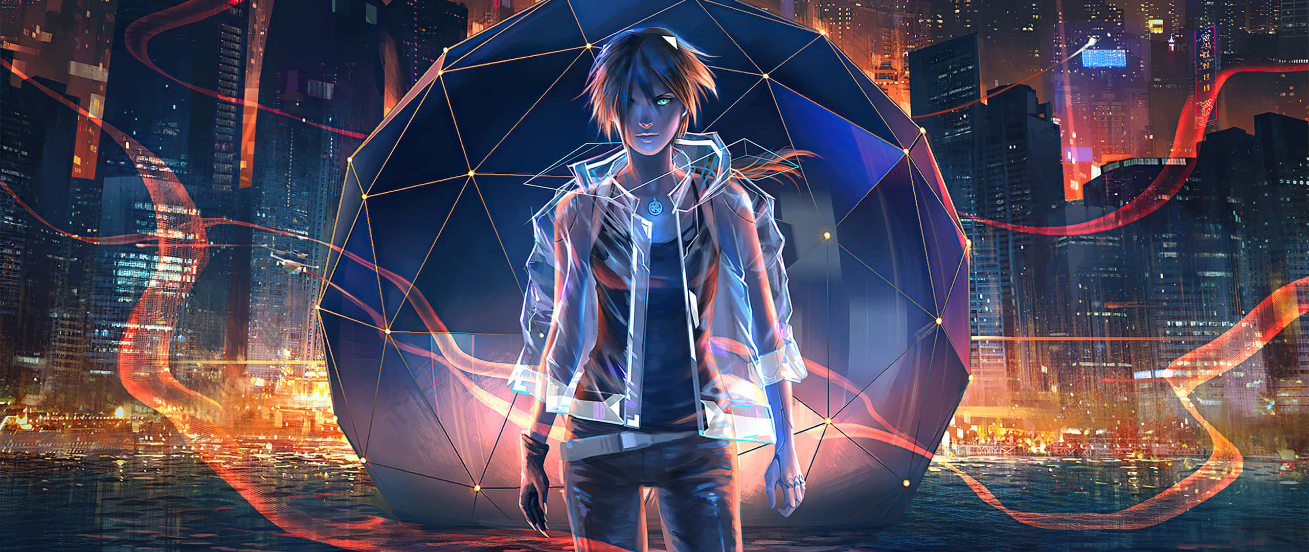 futuristic anime character, glowing geometric dome, neon-lit cityscape, 2K Desktop Wallpaper