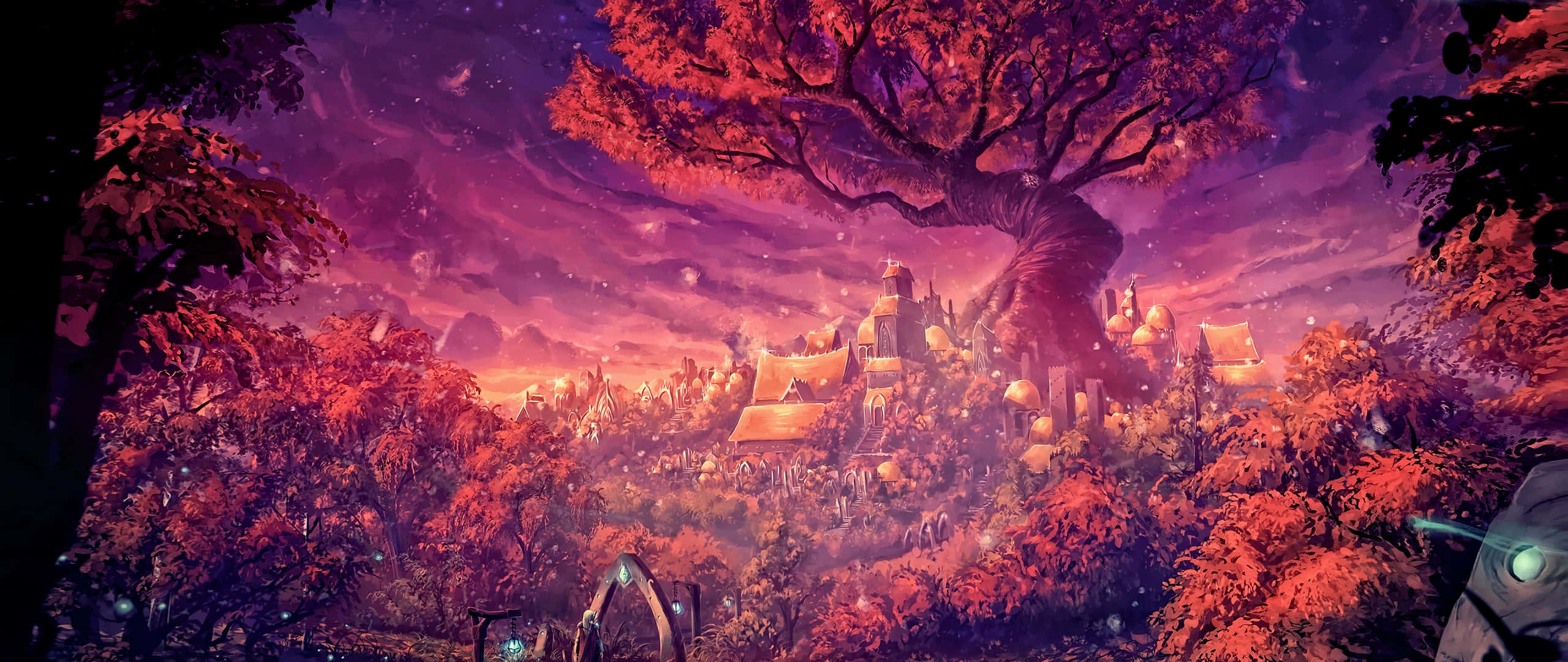 Rainbow Fractal Tree, glowing red leaves, starry purple sky, 2K Desktop Wallpaper