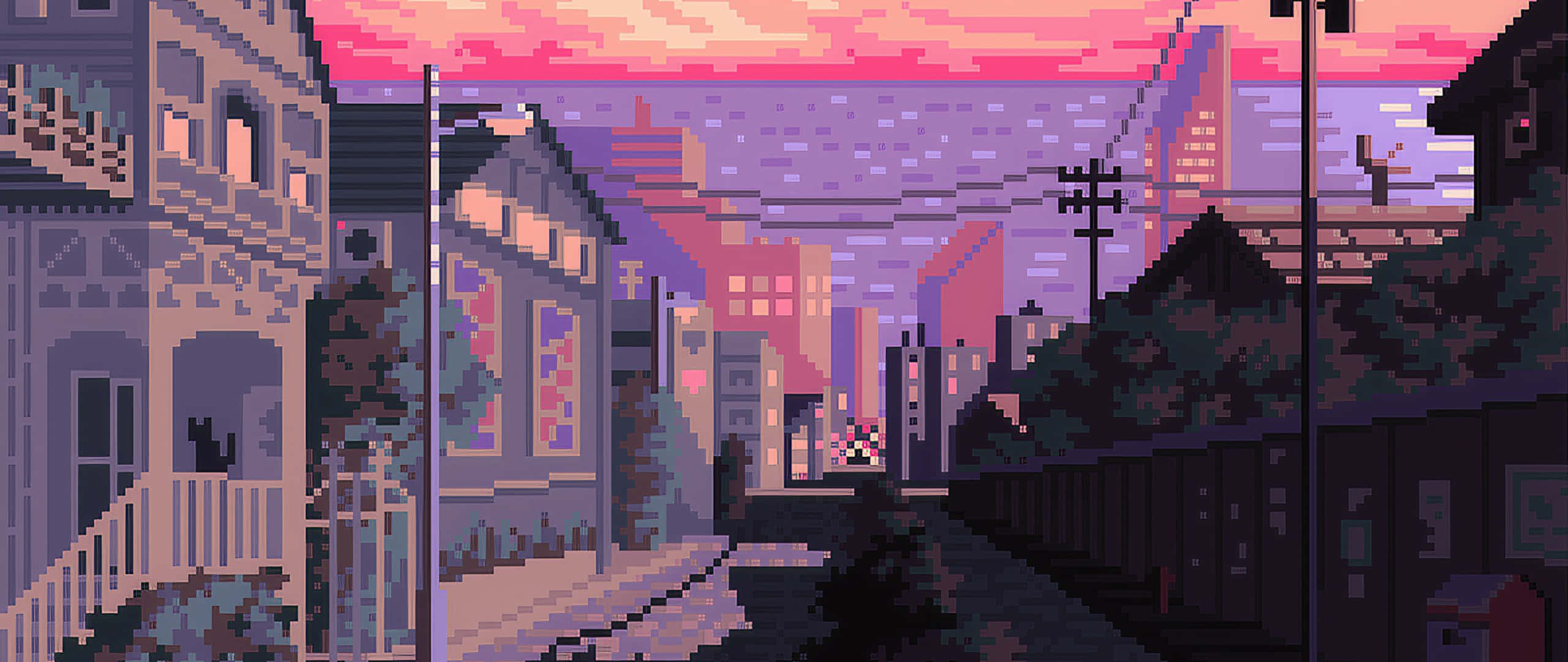 pixel-art, street scene, dusk, 2K Desktop Wallpaper