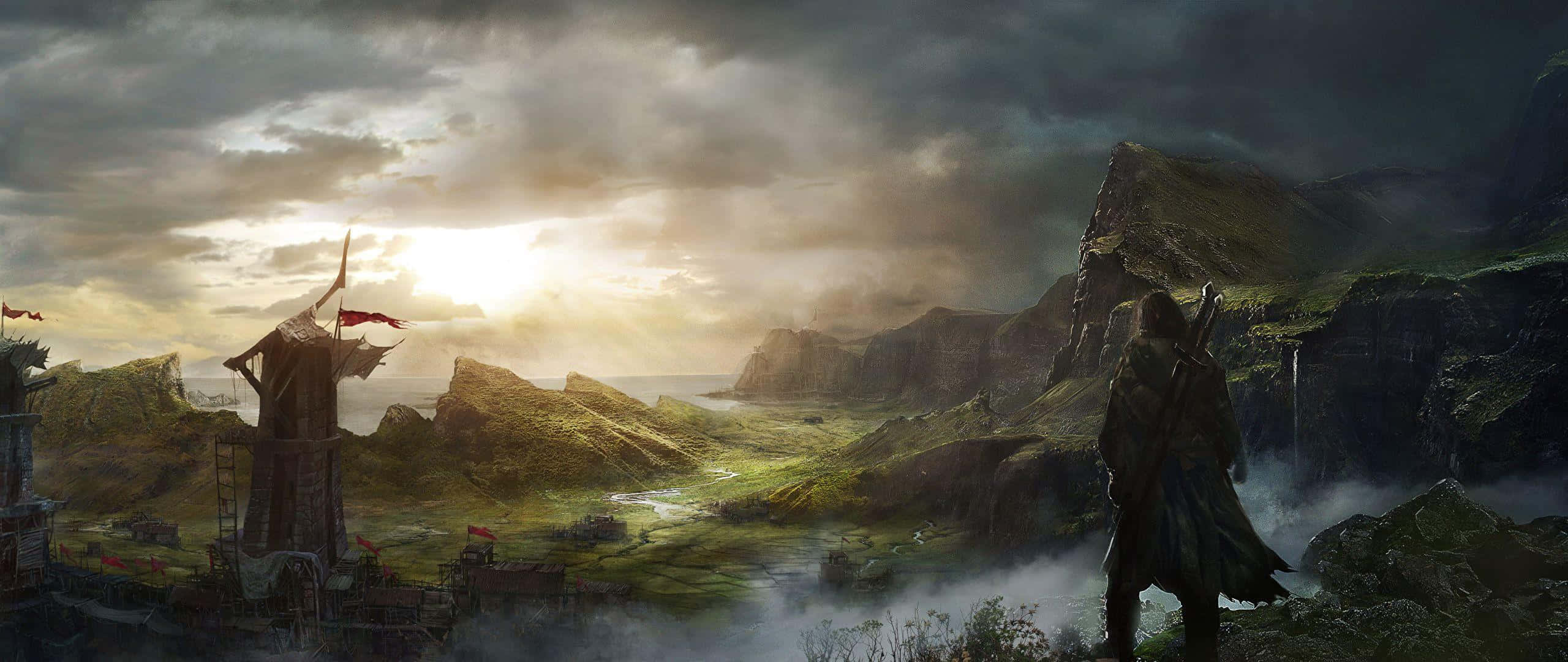 Night Sky Painting, lone warrior, cliff, 2K Desktop Wallpaper