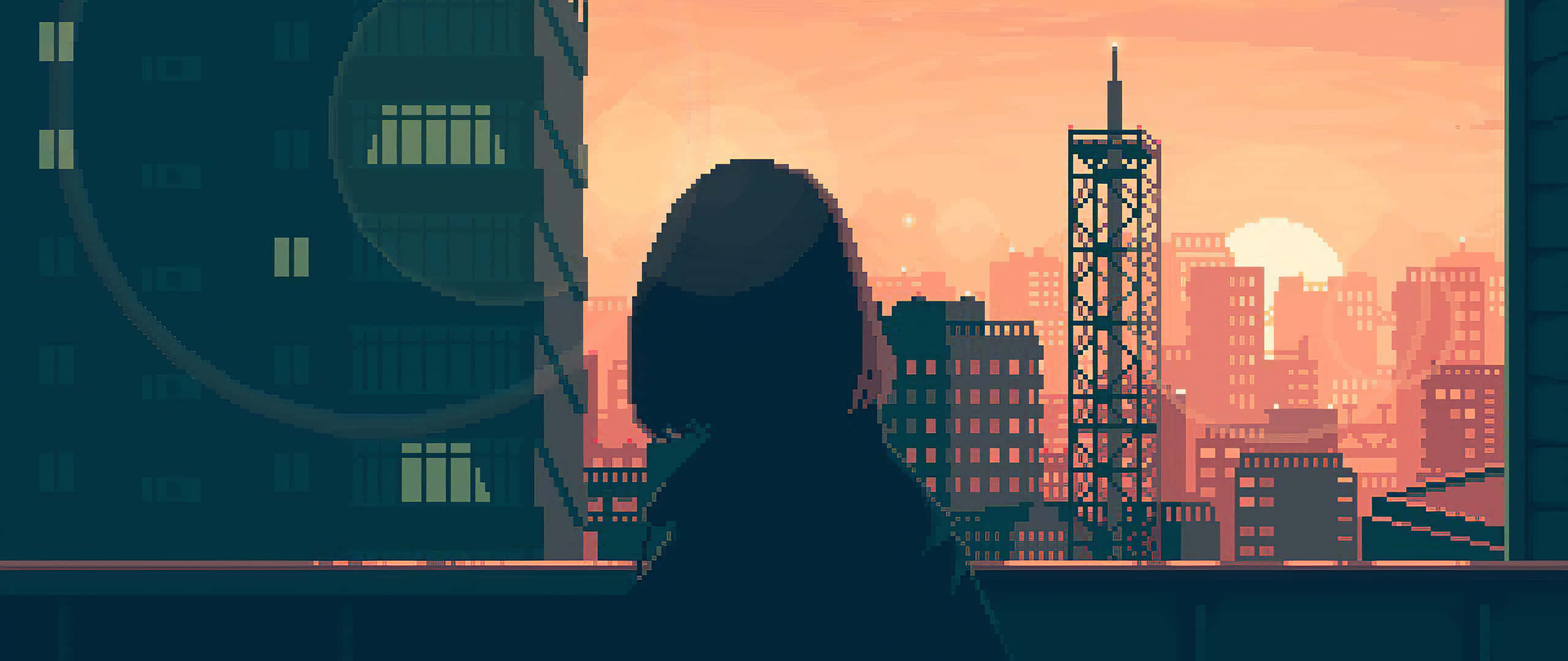 Art 2560x1080, sunset, stylized cityscape, 2K Desktop Wallpaper