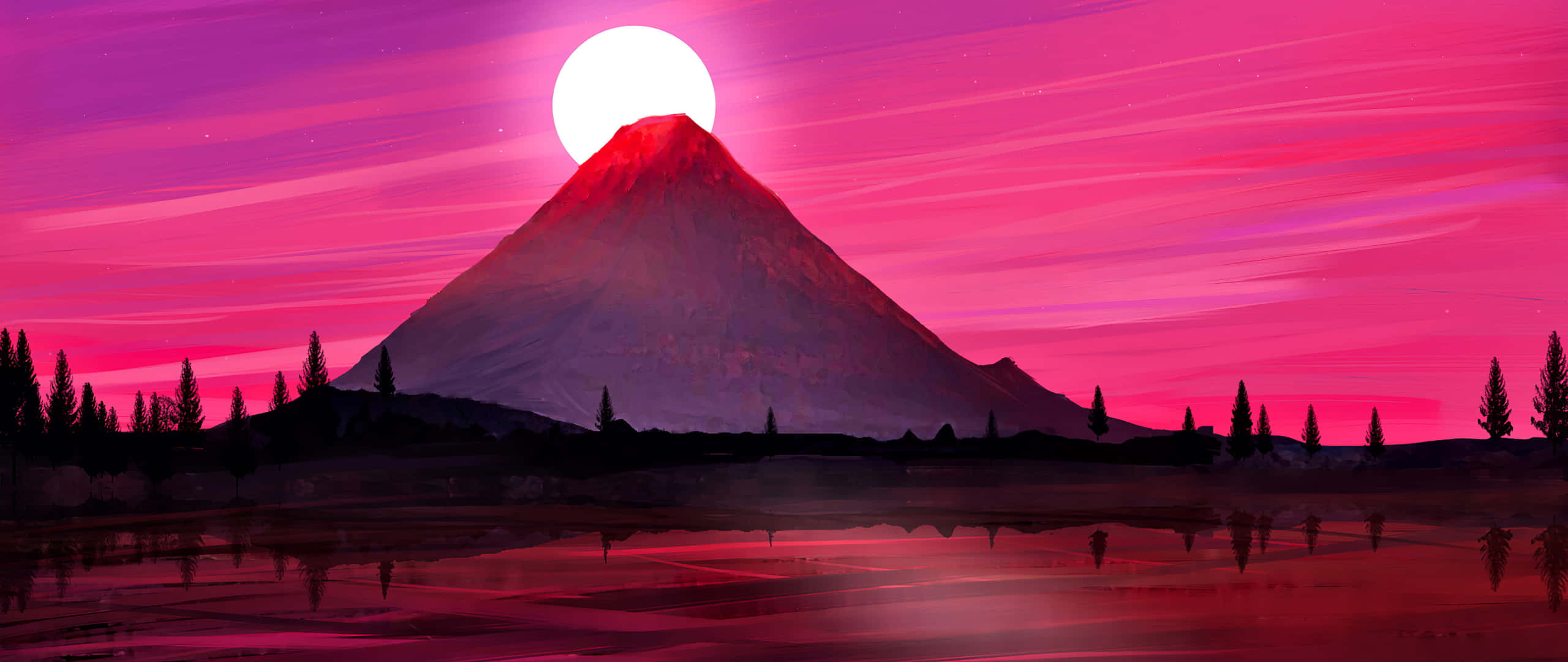 mountain peaks, glowing white sun, vibrant pink and purple sky, 2K Desktop Wallpaper