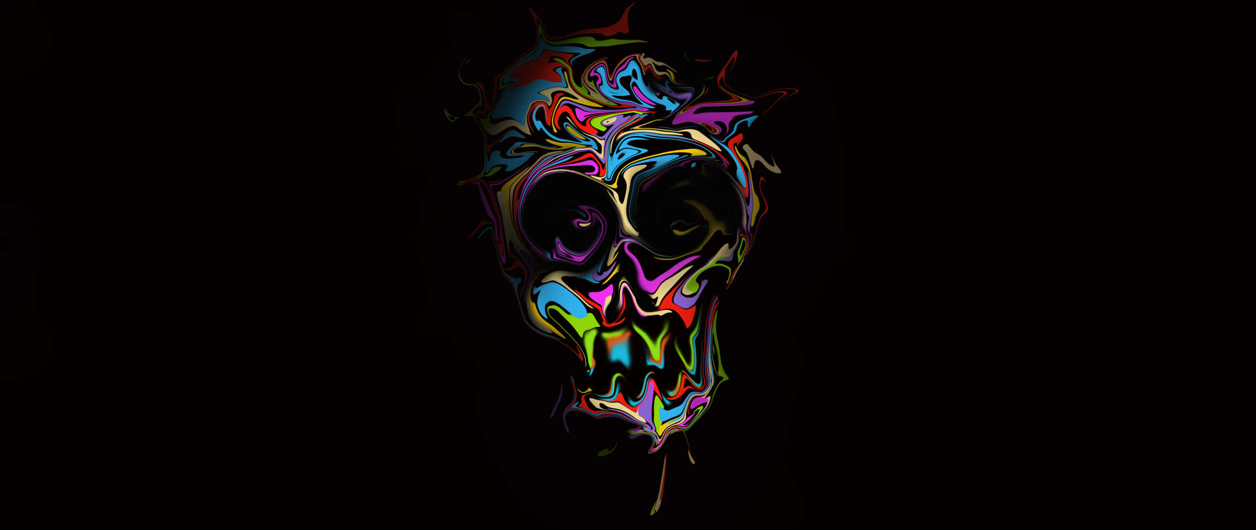 neon skull, melting rainbow colors, pitch black background, 2K Desktop Wallpaper
