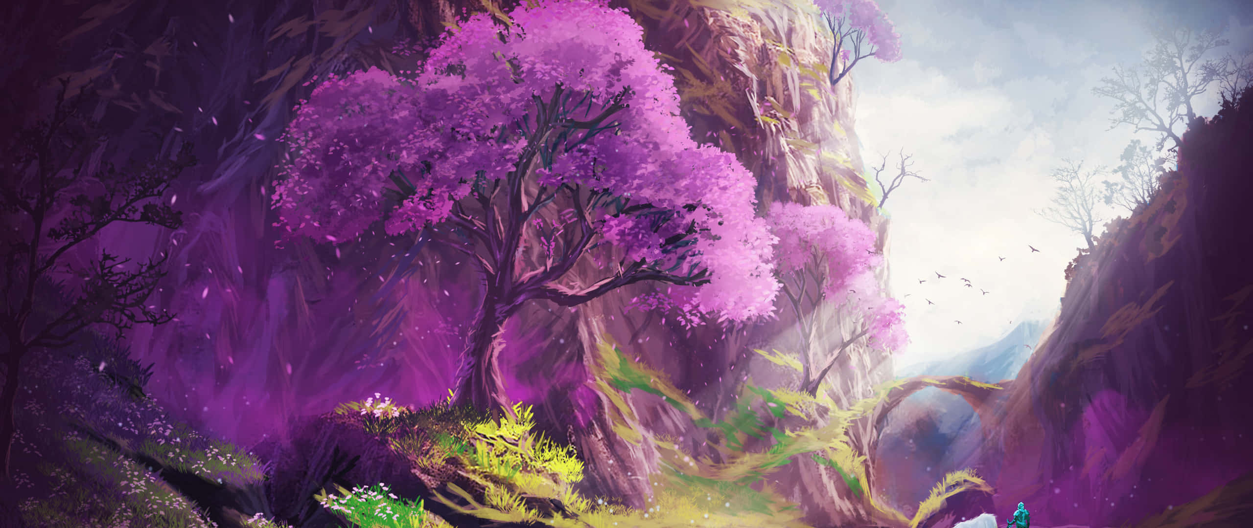 purple blossom tree, mystical canyon, glowing green undergrowth, 2K Desktop Wallpaper