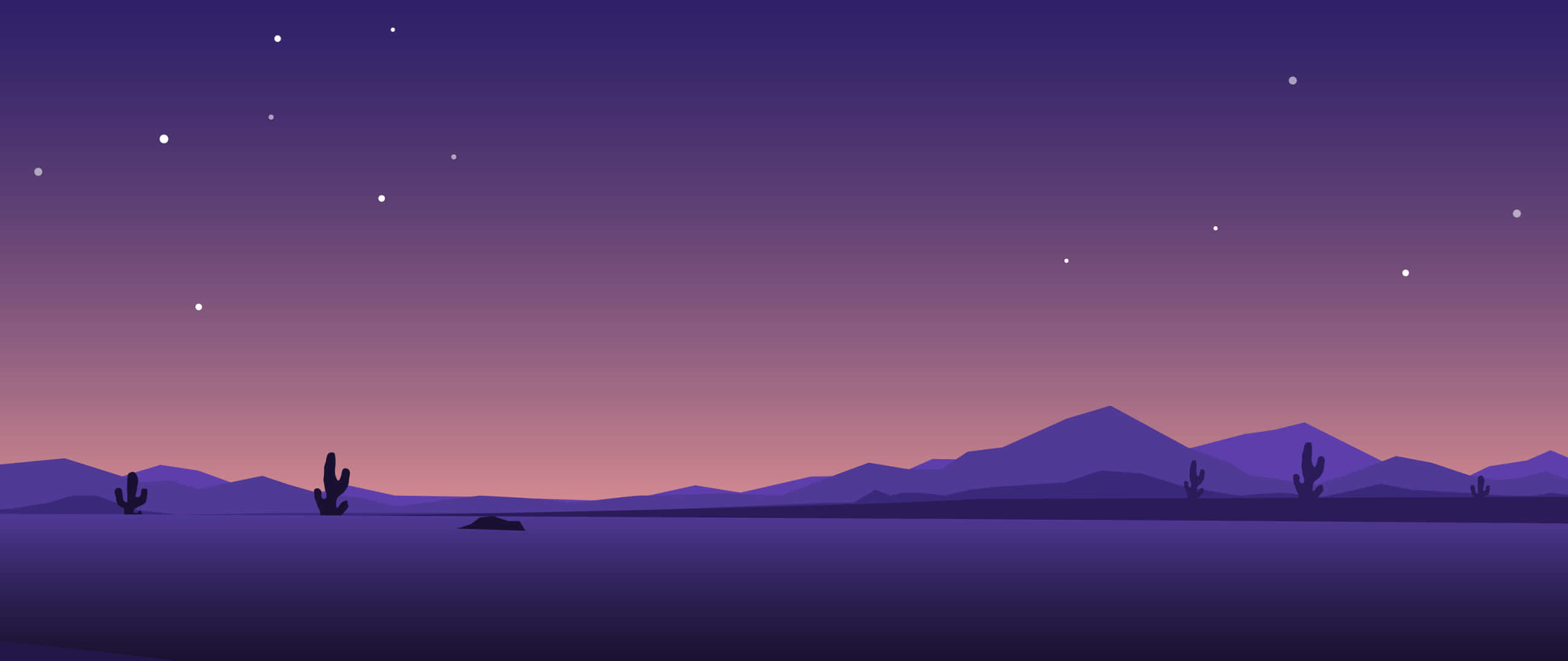 desert night, silhouetted cacti, mountains, 2K Desktop Wallpaper