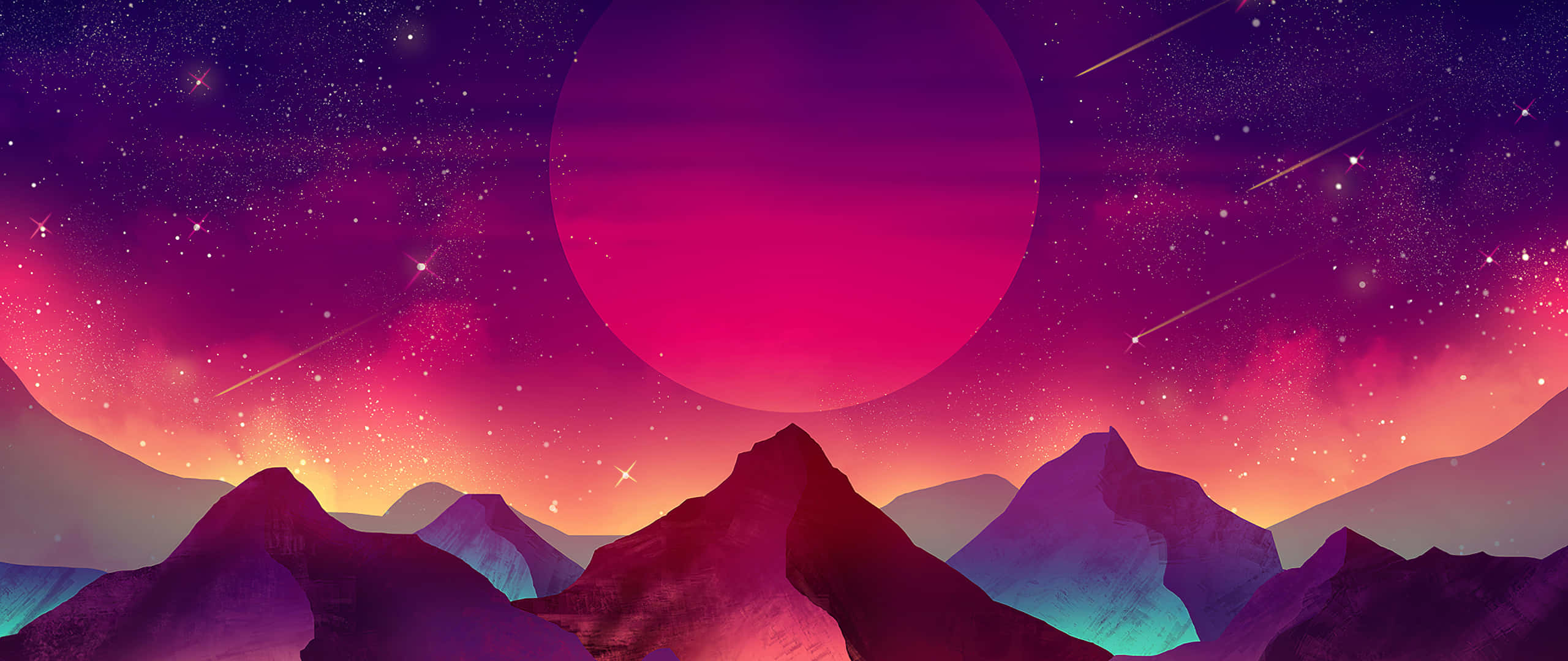 gold and blue floral wall art, surreal mountain range, vibrant pink and purple hues, 2K Desktop Wallpaper