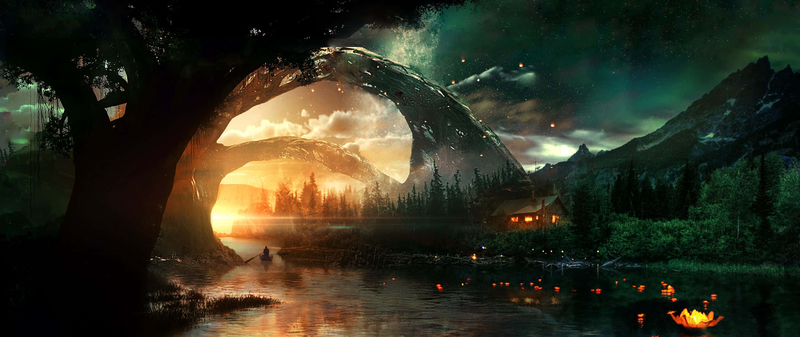 glowing tree arch, serene lake, sunset, 2K Desktop Wallpaper