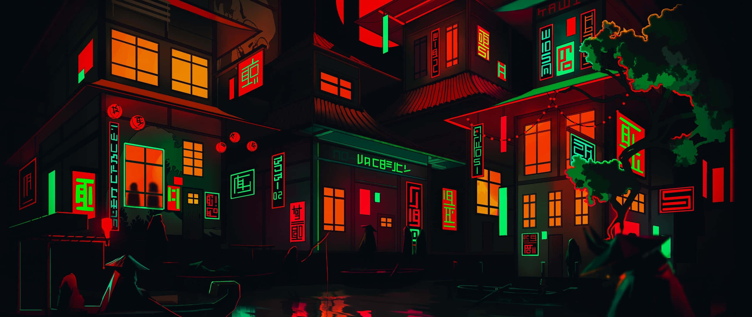 Neon-lit, traditional Japanese buildings, red, 2K Desktop Wallpaper